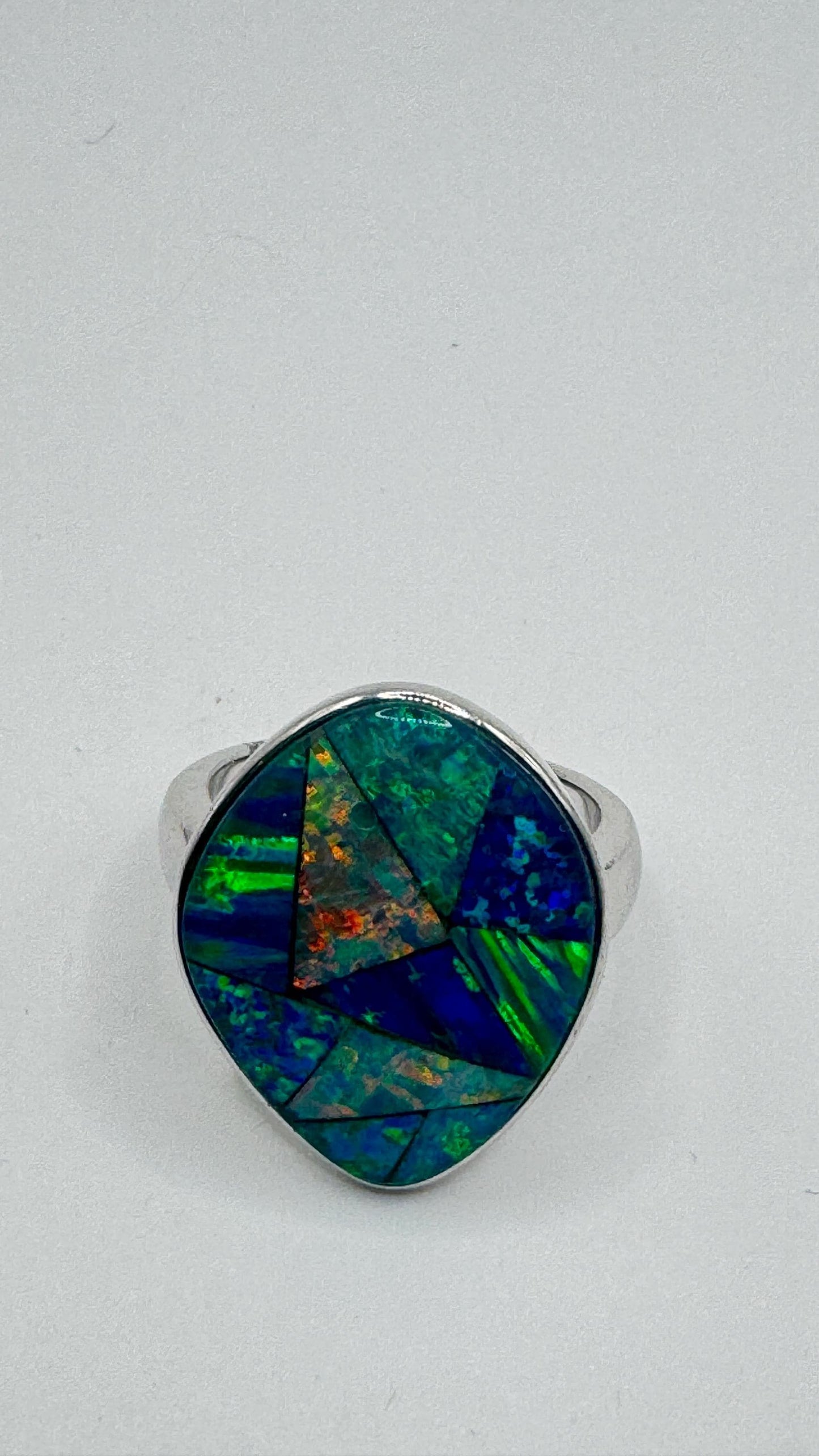 Vintage Blue Fire Opal Mosaic 925 Sterling Silver Inlay Ring Size 10