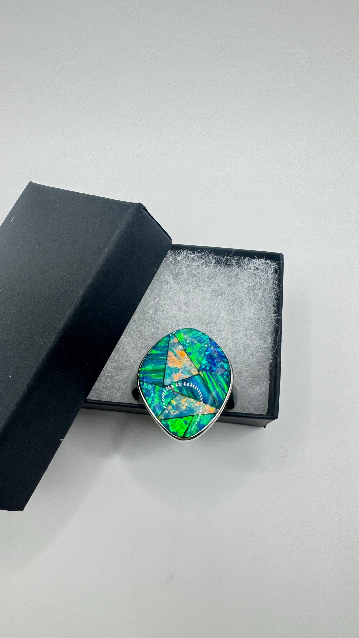 Vintage Blue Fire Opal Mosaic 925 Sterling Silver Inlay Ring Size 10