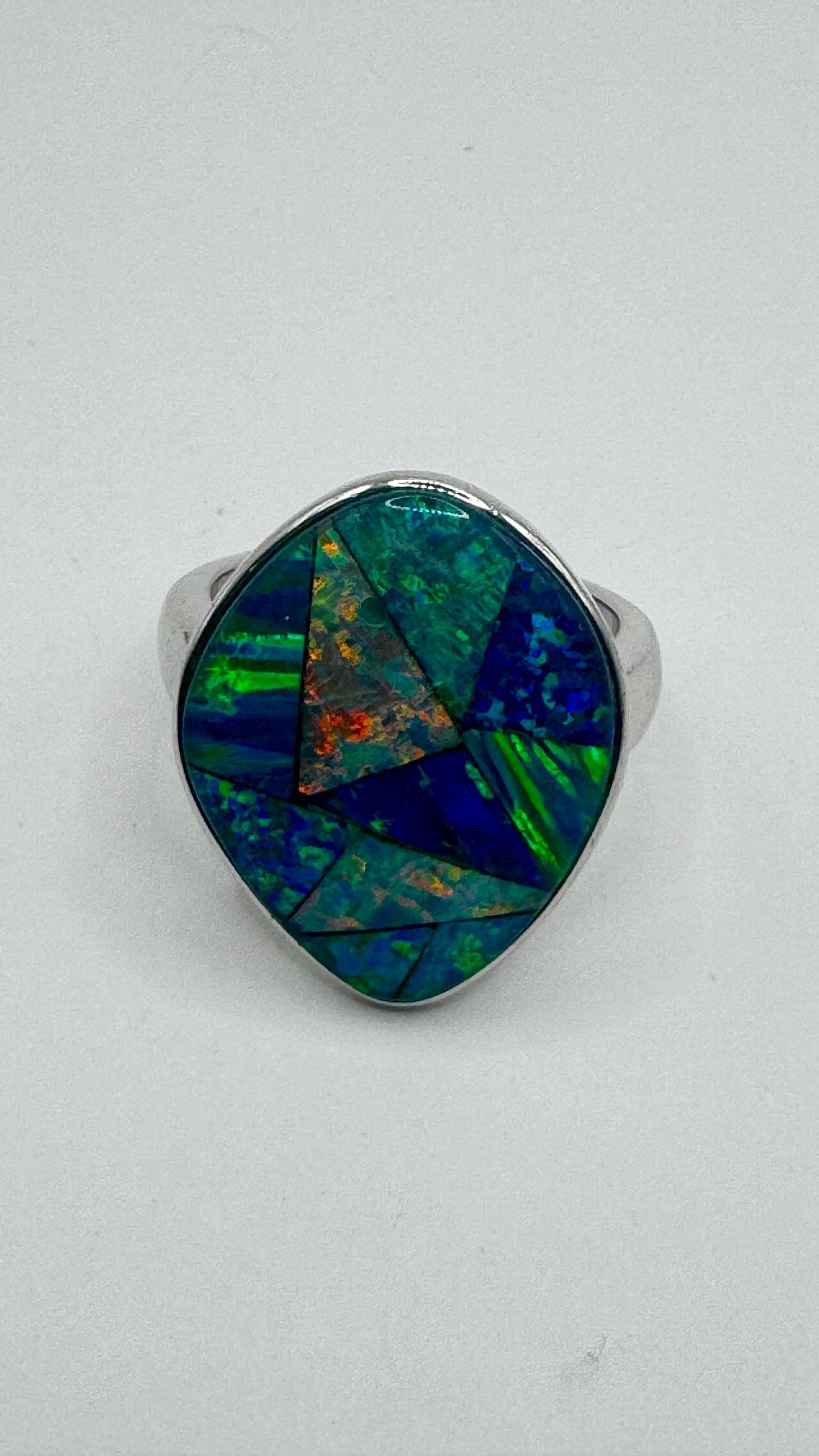 Vintage Blue Fire Opal Mosaic 925 Sterling Silver Inlay Ring Size 10