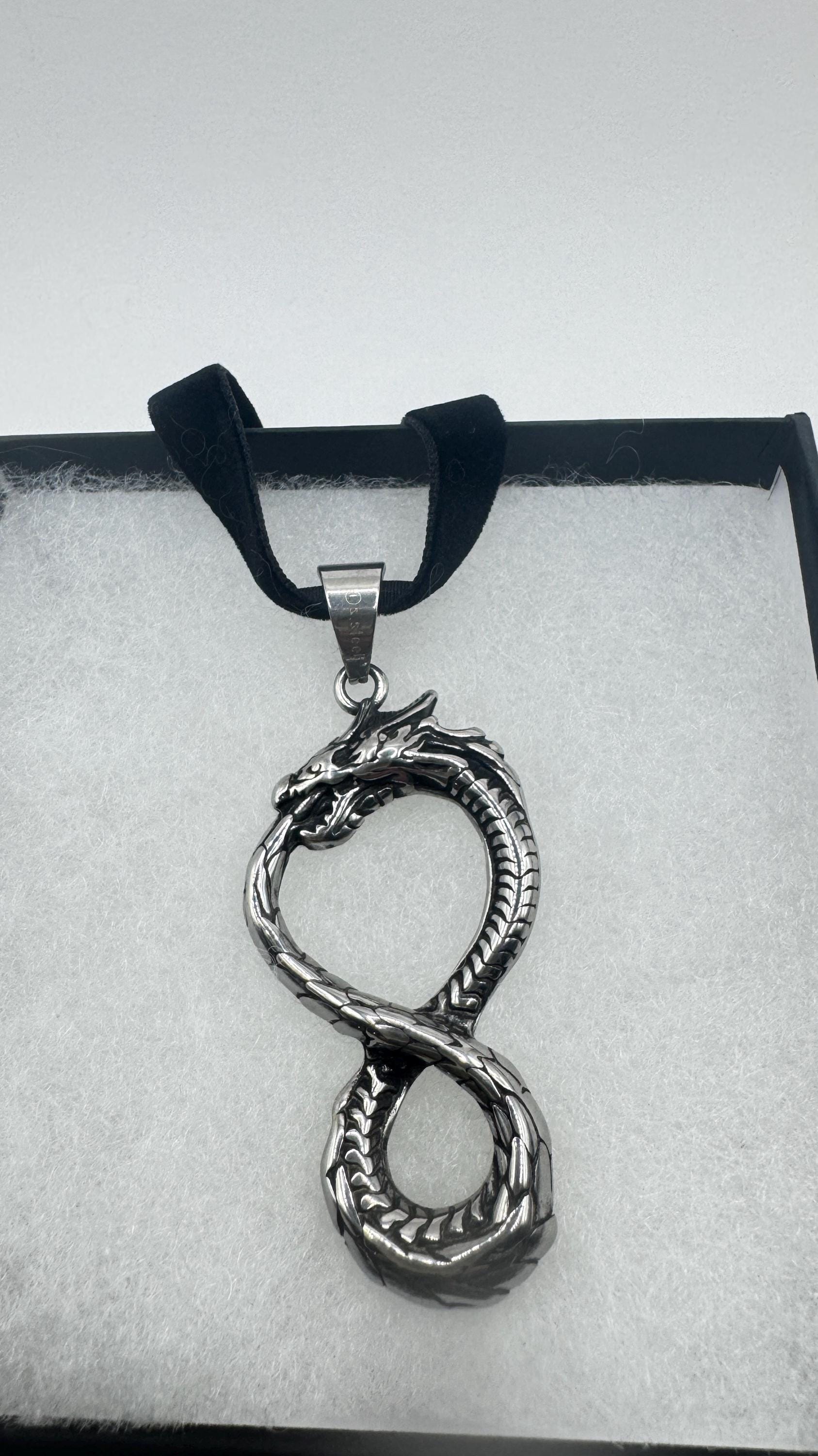 Vintage Dragon Infinity Choker Silver Stainless Steel Pendant Necklace