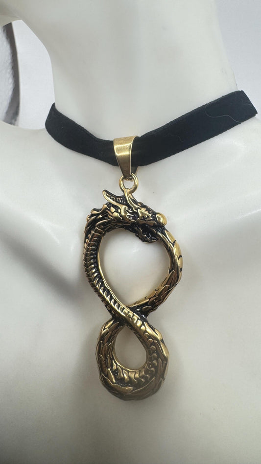 Vintage Dragon Infinity Choker Golden Stainless Steel Pendant Necklace