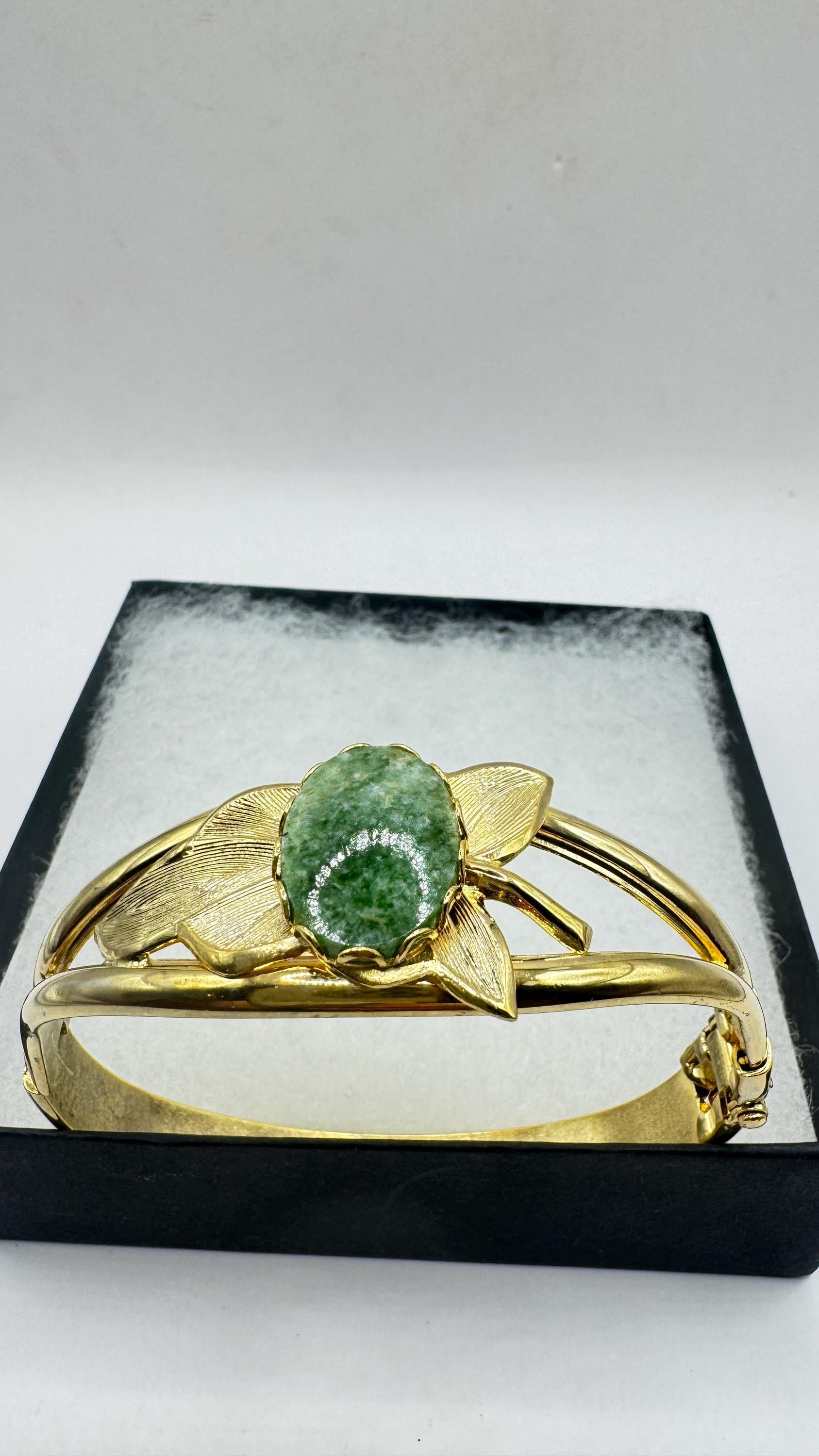 Vintage Green Jade Bangle Bracelet Gold filled Cuff