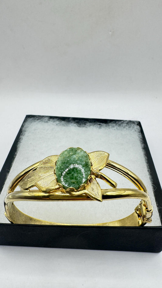 Vintage Green Jade Bangle Bracelet Gold filled Cuff