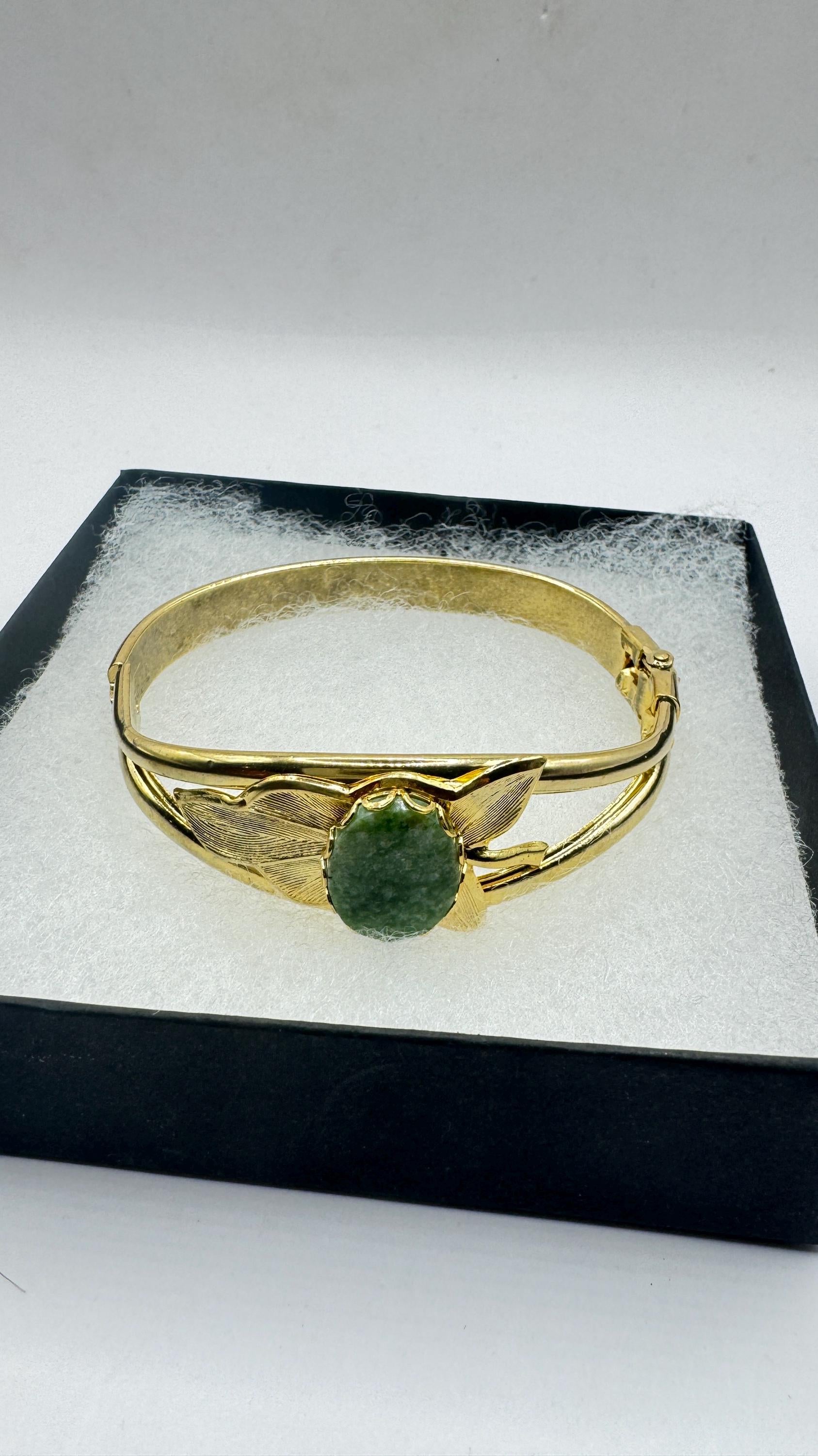 Vintage Green Jade Bangle Bracelet Gold filled Cuff
