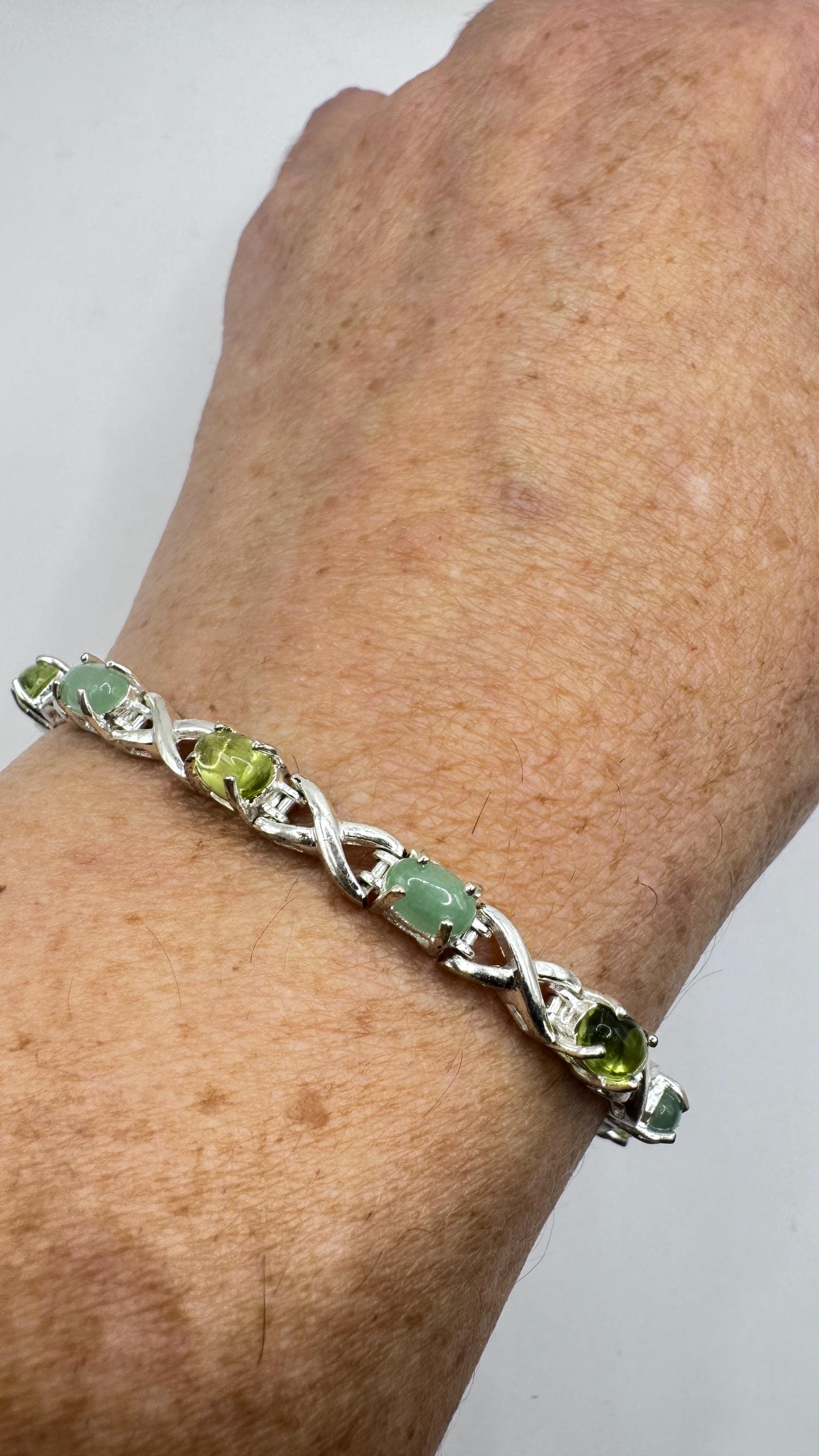 Vintage Green Peridot Nephrite Jade 925 Sterling Silver Bracelet