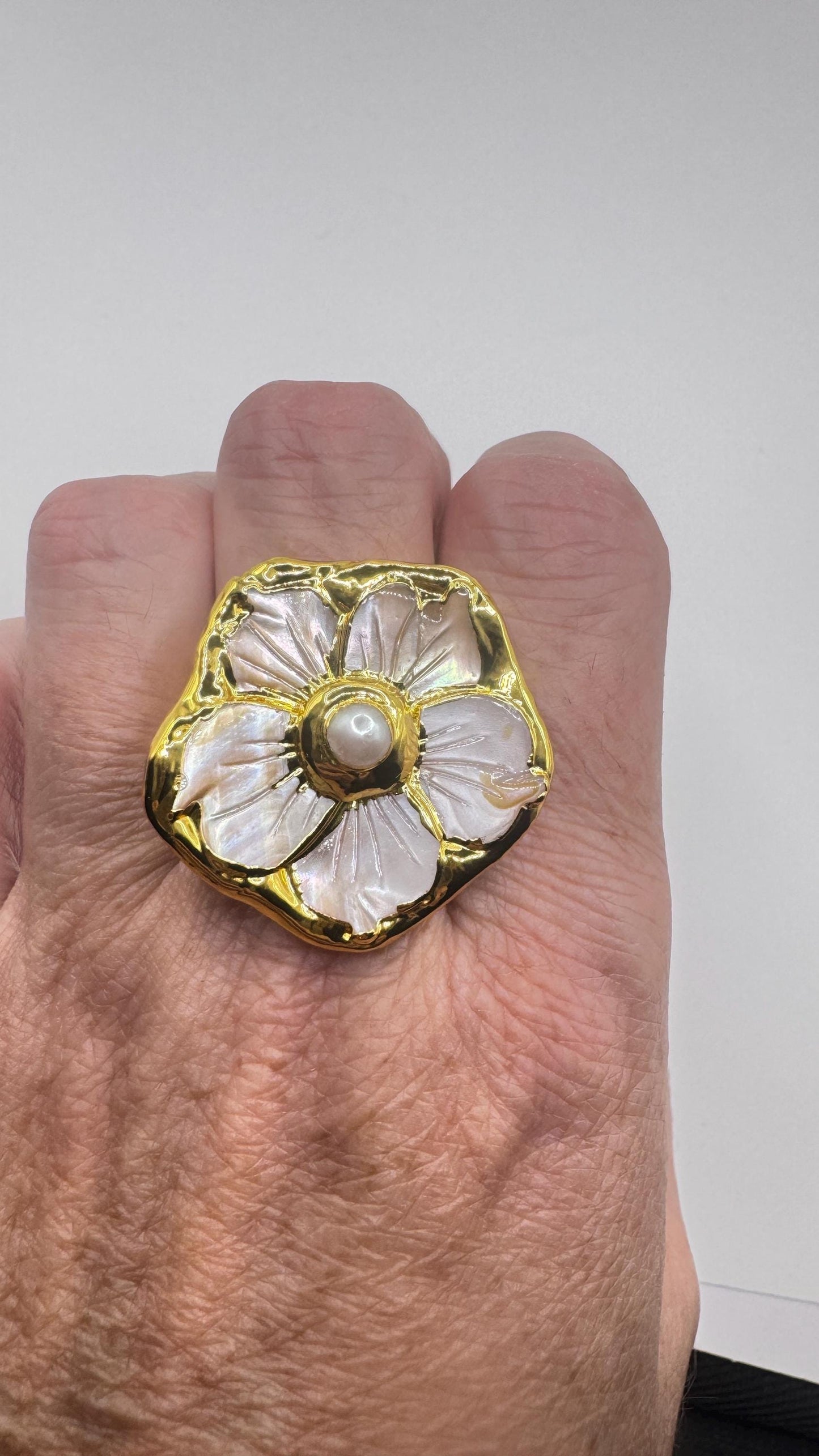 Vintage Flower Pearl Ring Golden 925 Sterling Silver Cocktail Statement Adjustable