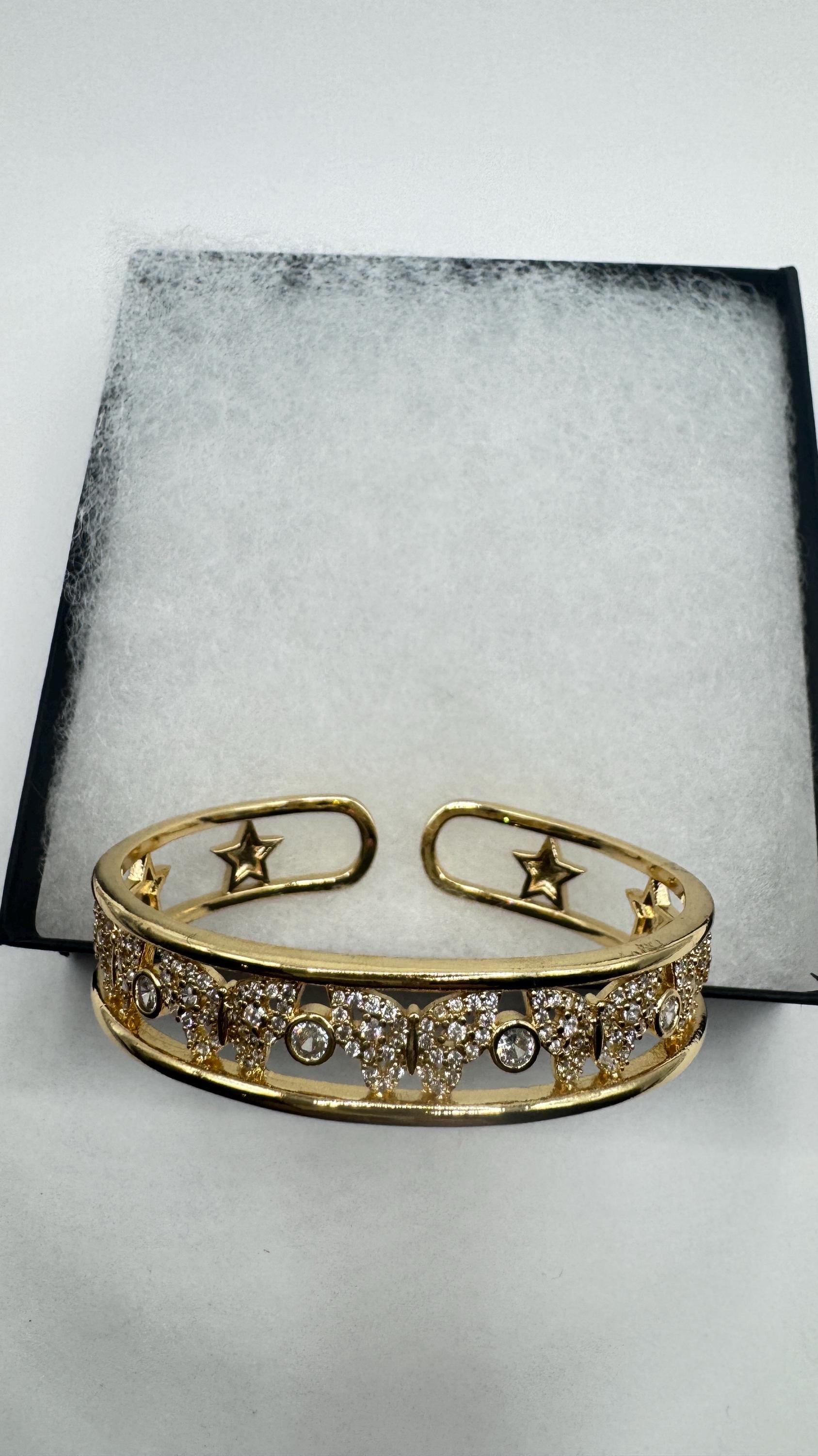 Vintage Butterfly Bangle Bracelet 9k Gold filled Crystal