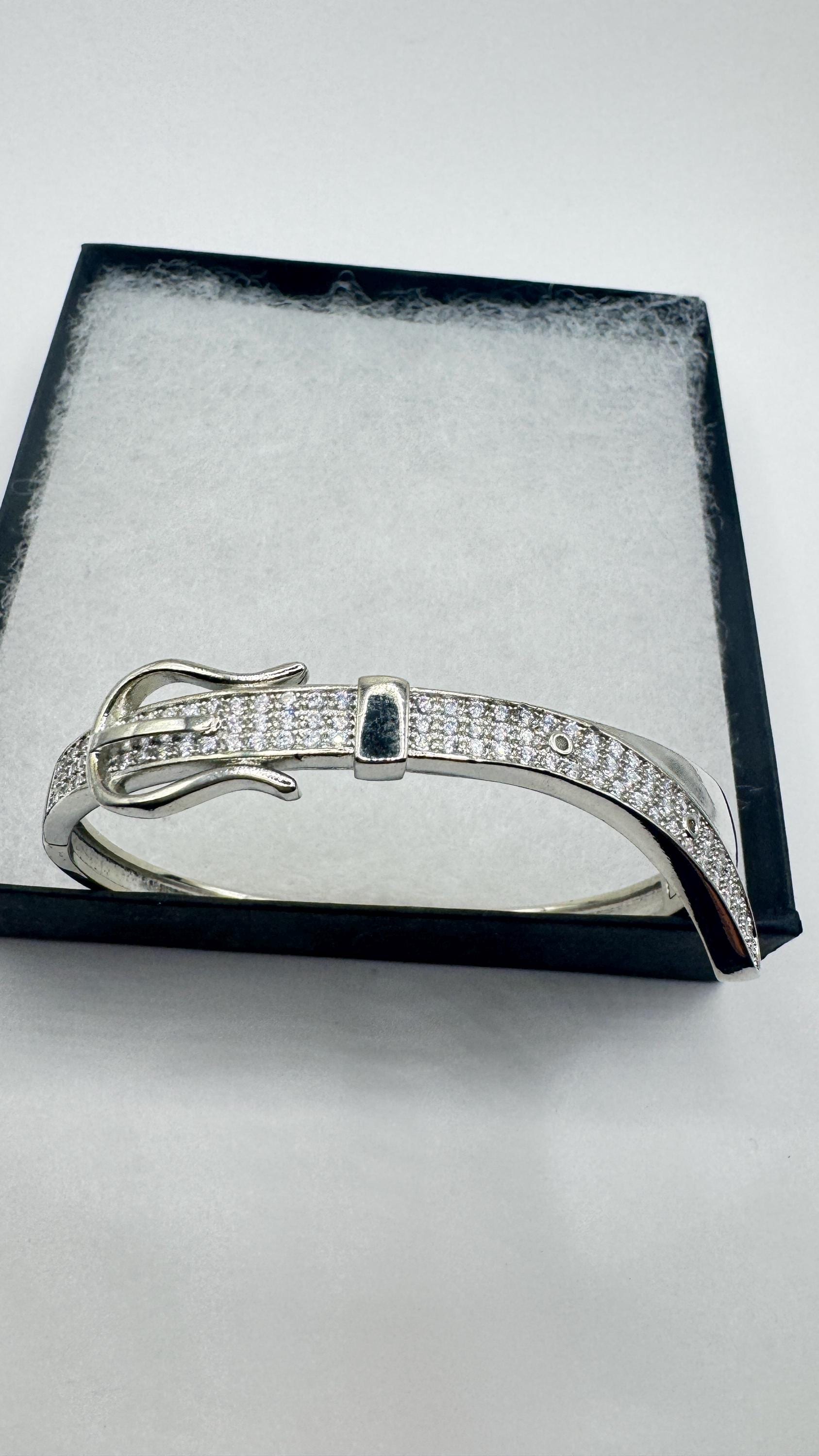 Vintage Buckle Bangle Bracelet 9k White Gold filled Crystal