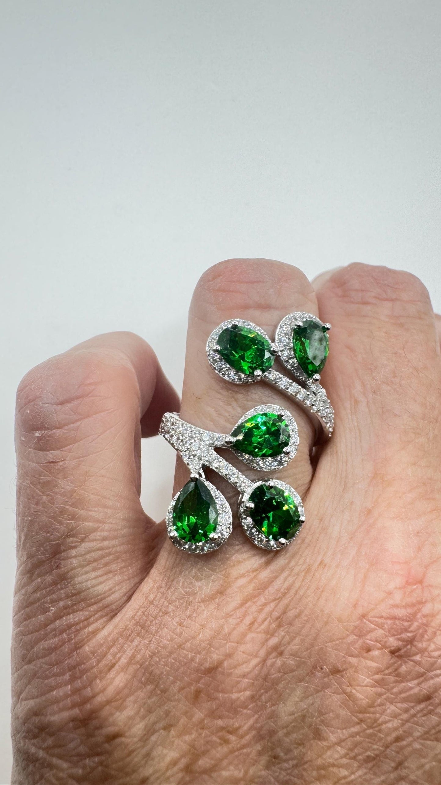 Vintage Green Cubic Zirconia Crystal 925 Sterling Silver Ring Adjustable