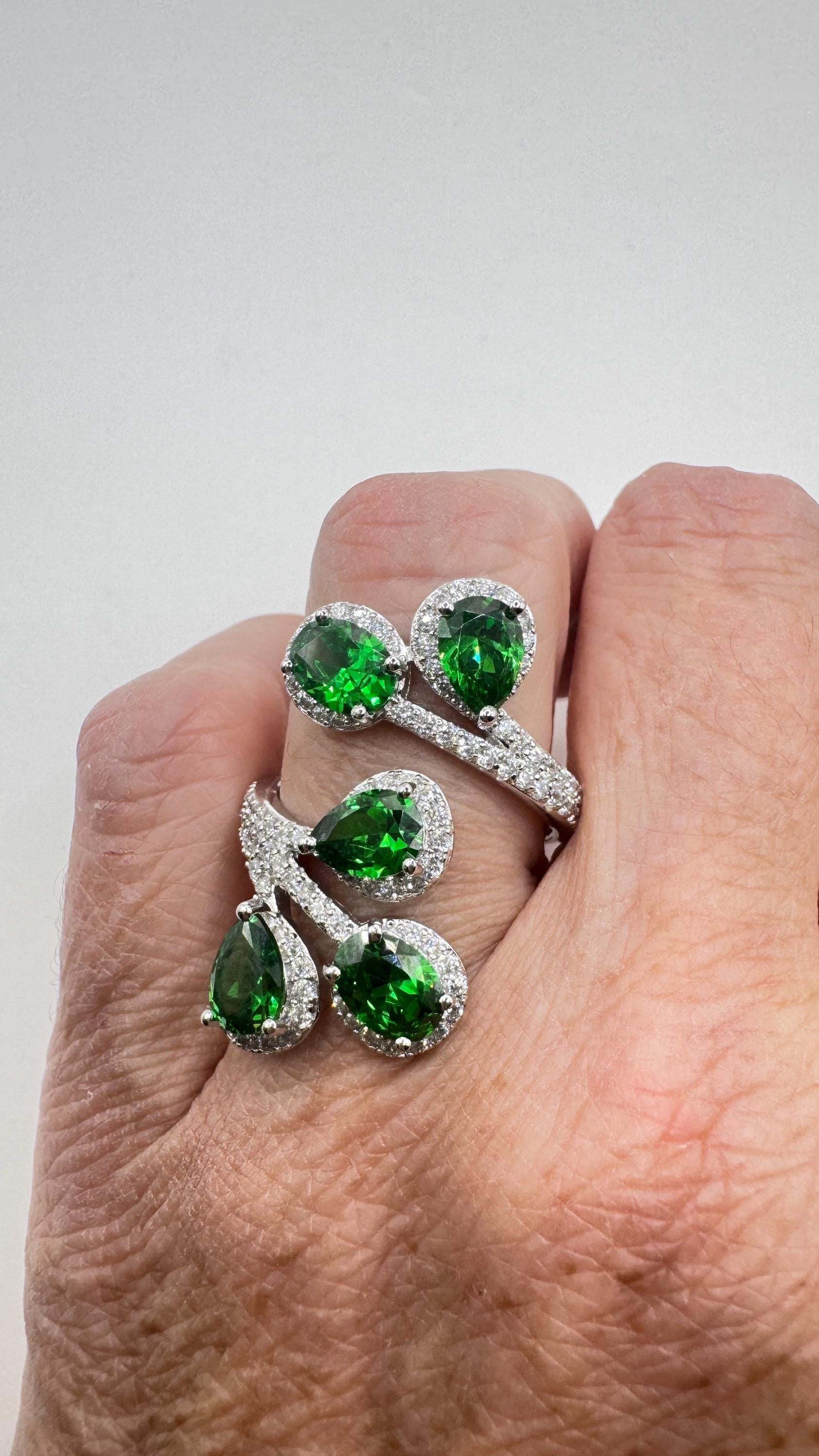 Vintage Green Cubic Zirconia Crystal 925 Sterling Silver Ring Adjustable