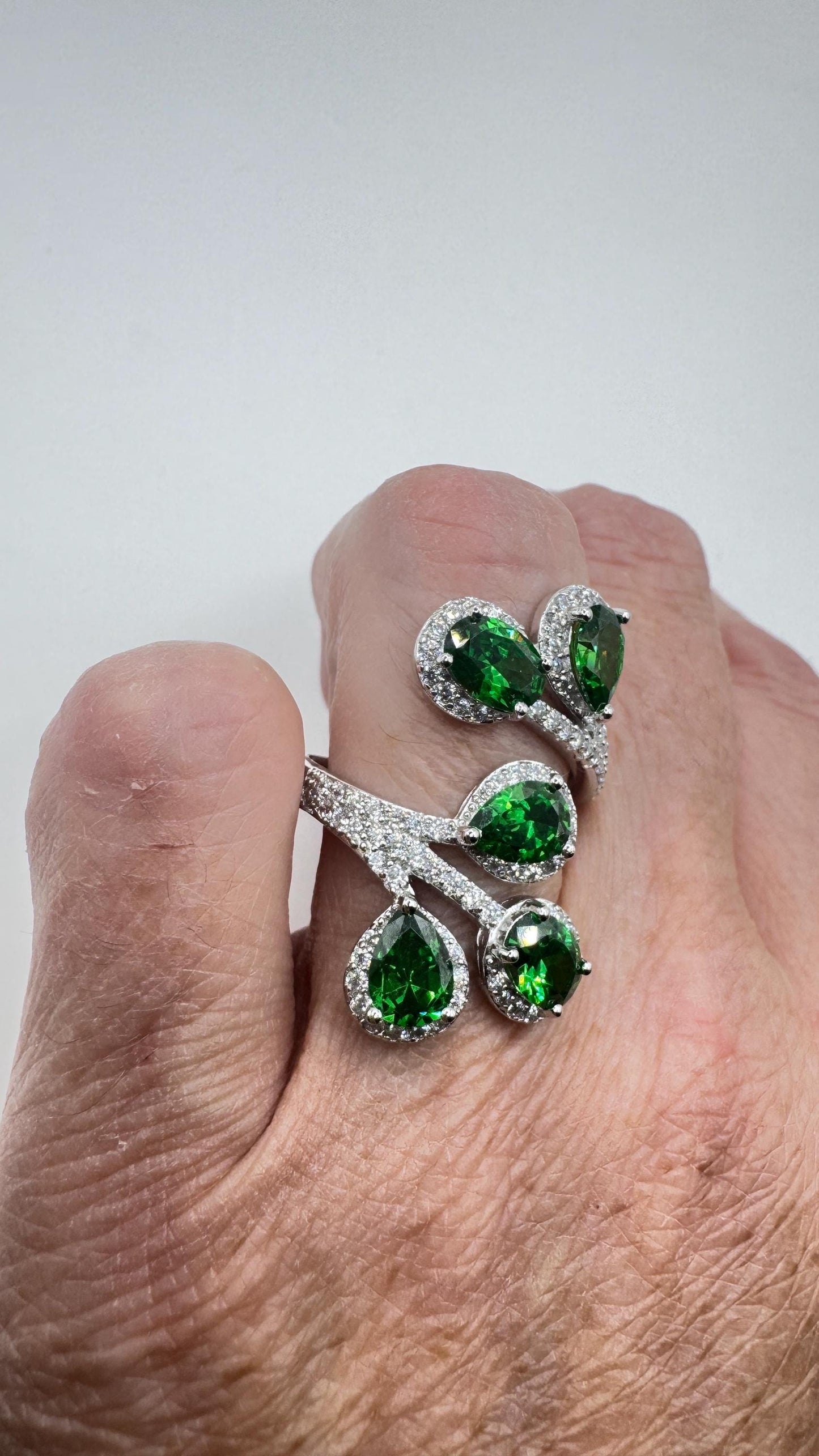 Vintage Green Cubic Zirconia Crystal 925 Sterling Silver Ring Adjustable