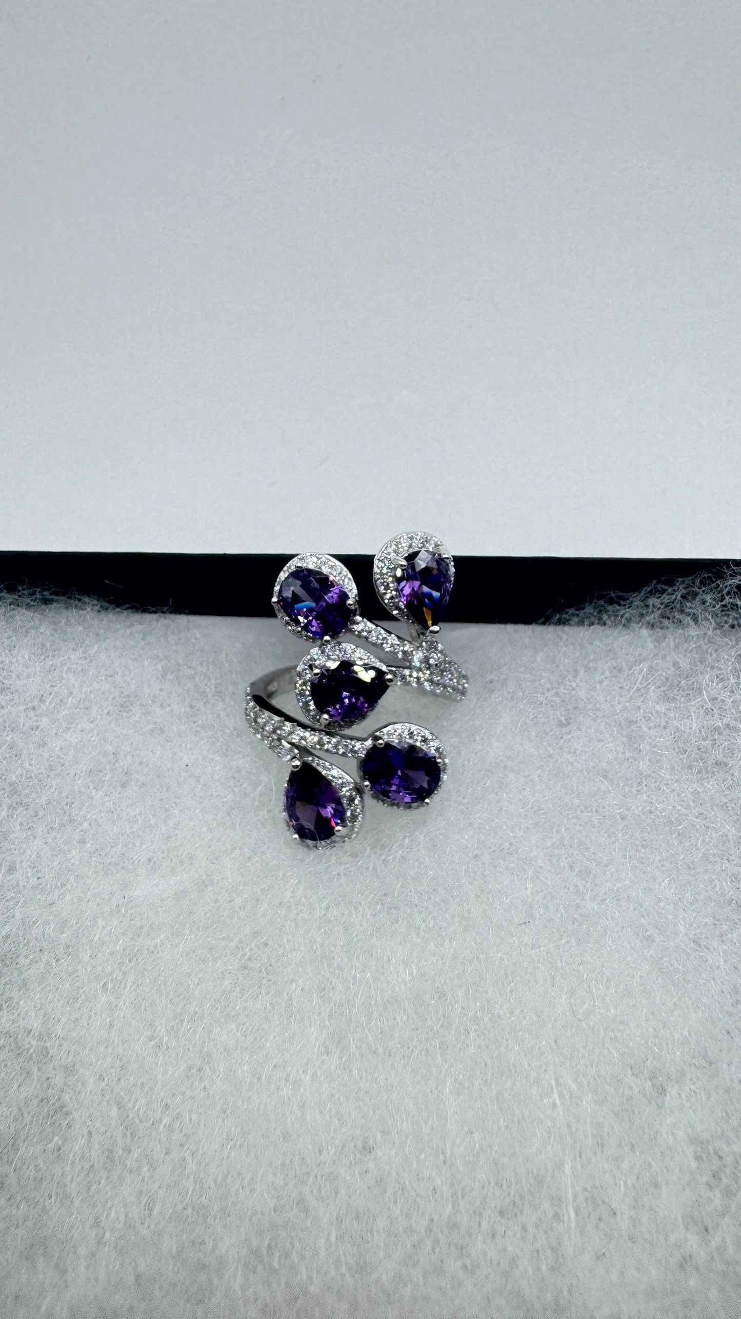 Vintage Purple Amethyst Cubic Zirconia Crystal 925 Sterling Silver Ring Adjustable