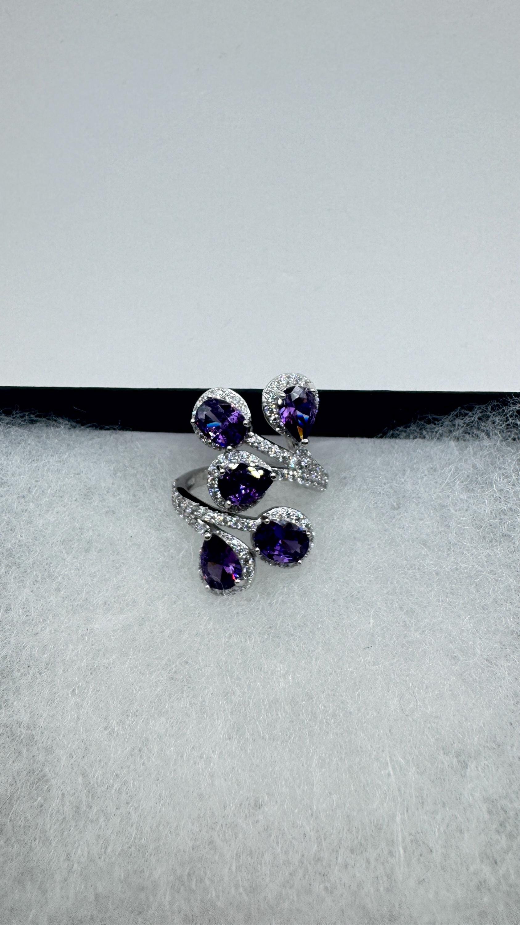 Vintage Purple Amethyst Cubic Zirconia Crystal 925 Sterling Silver Ring Adjustable