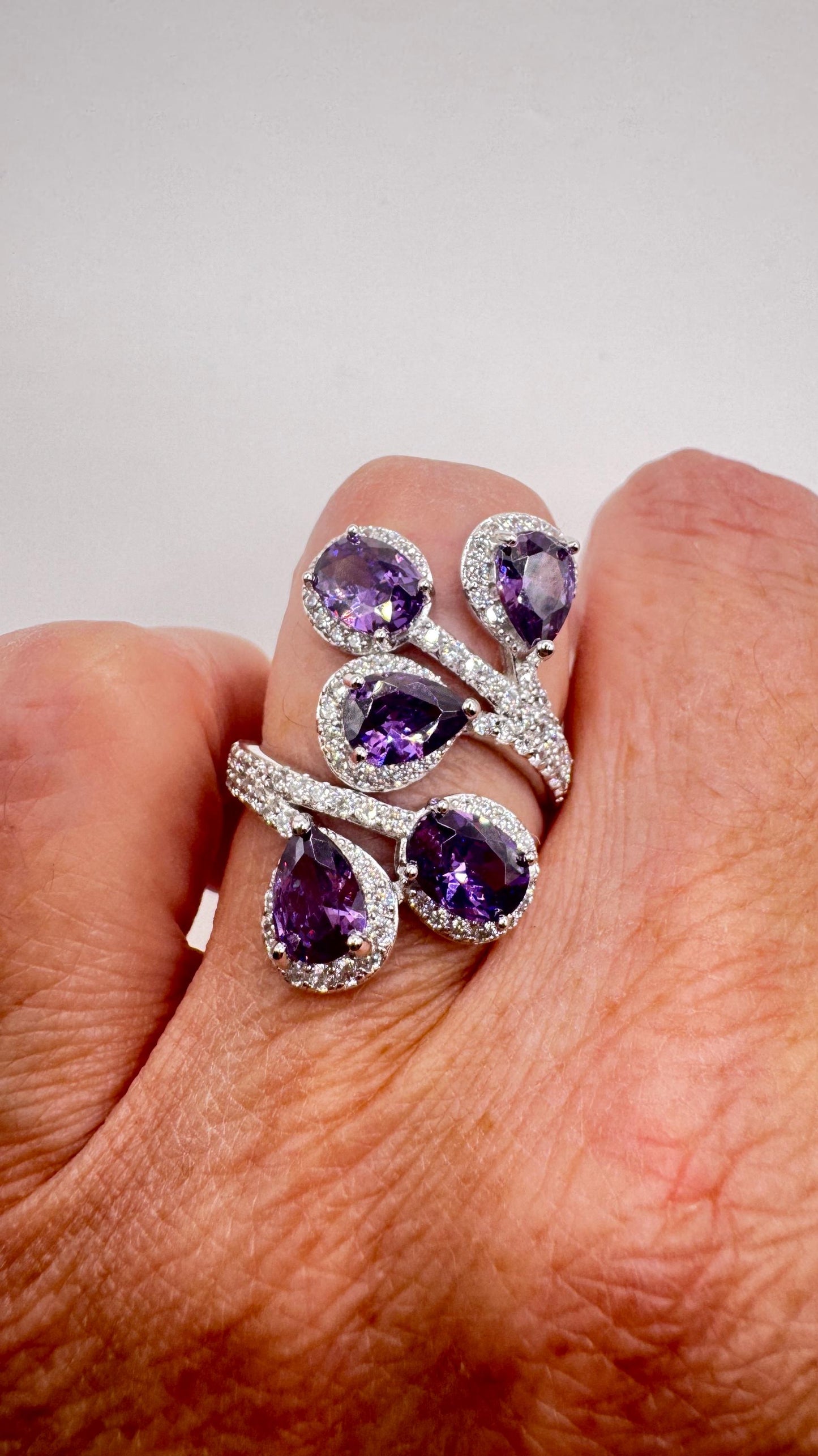 Vintage Purple Amethyst Cubic Zirconia Crystal 925 Sterling Silver Ring Adjustable