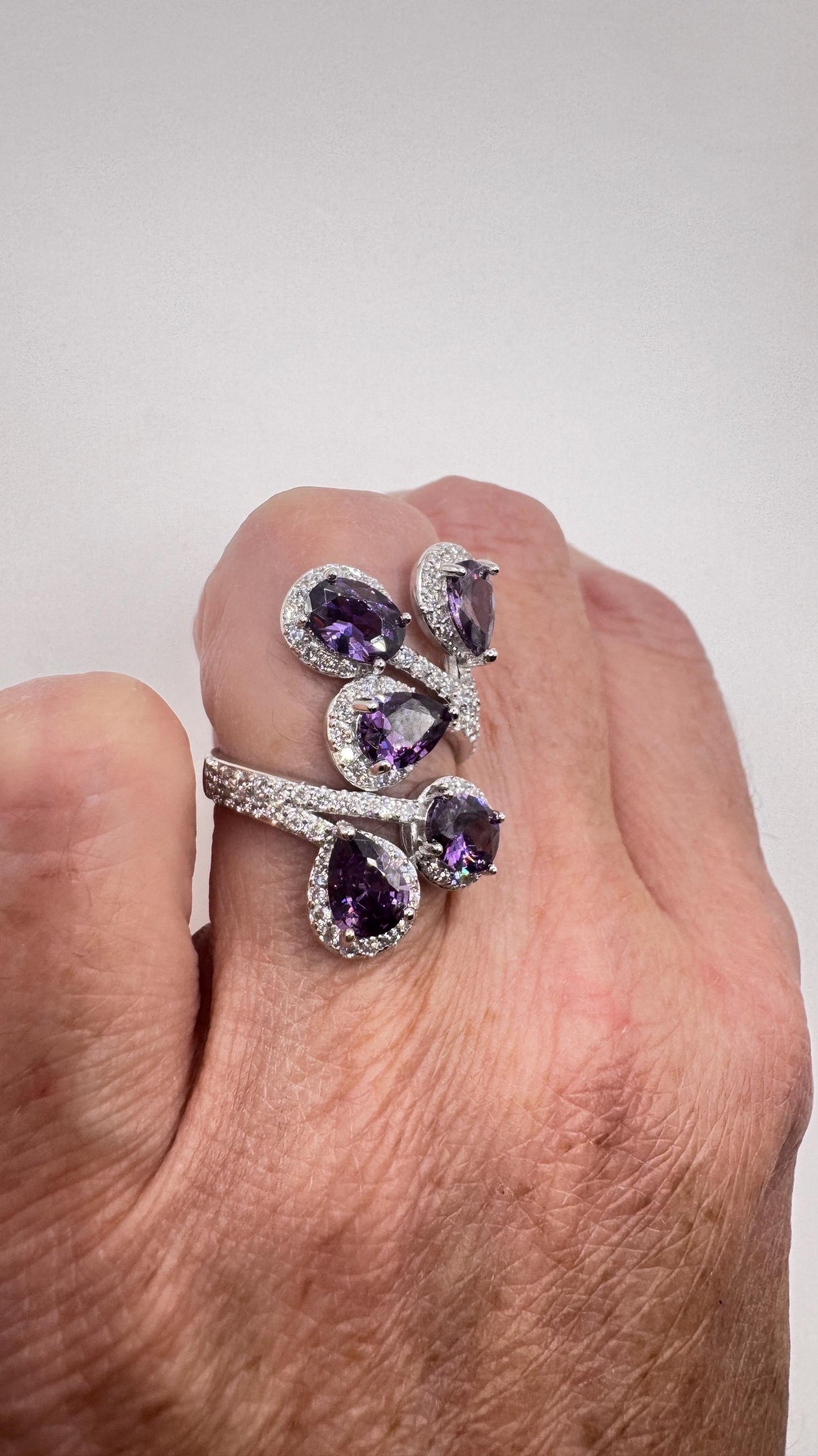 Vintage Purple Amethyst Cubic Zirconia Crystal 925 Sterling Silver Ring Adjustable