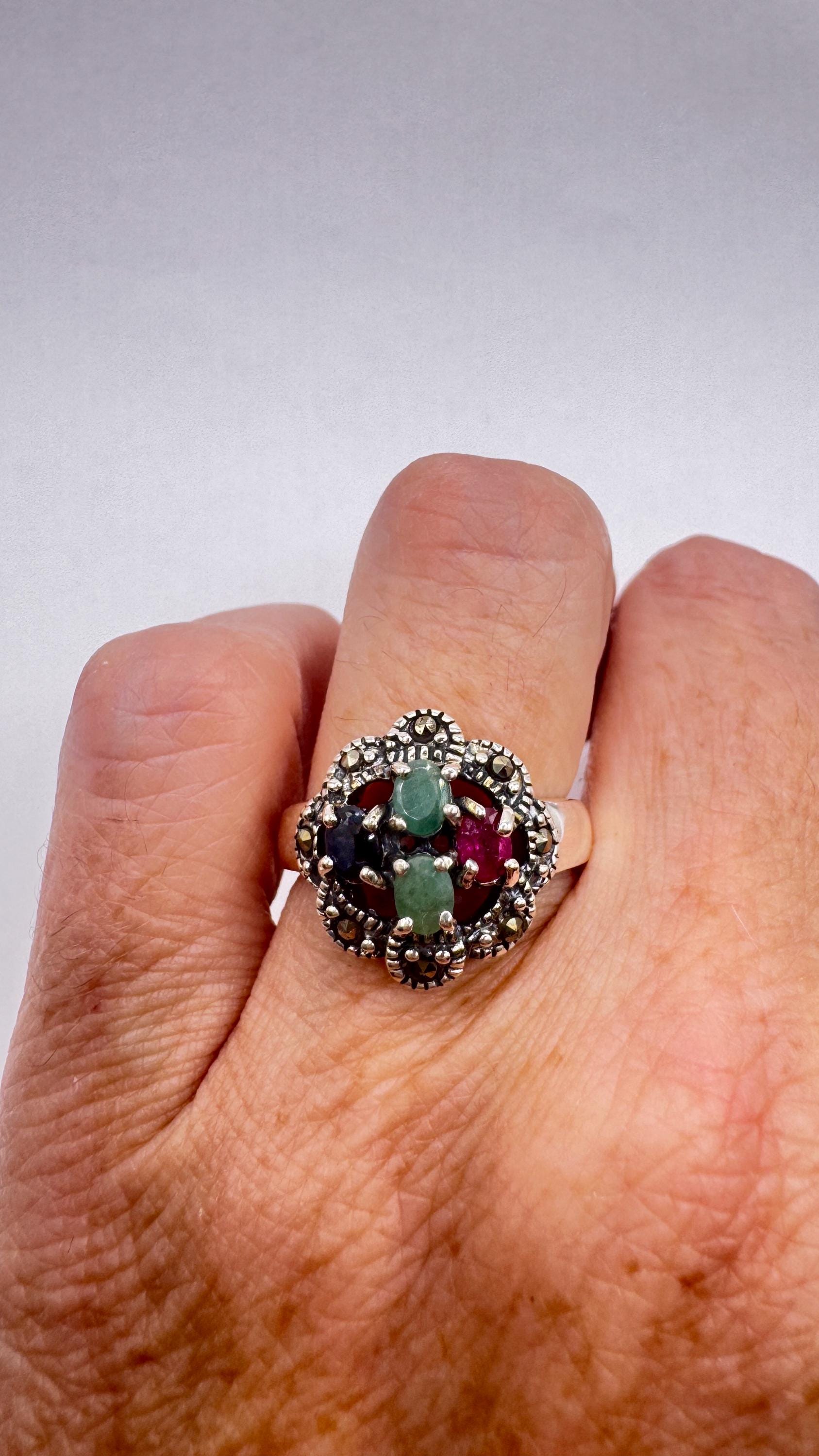 Vintage Green Emerald Ruby Sapphire Marcasite 925 Sterling Silver Cocktail Ring