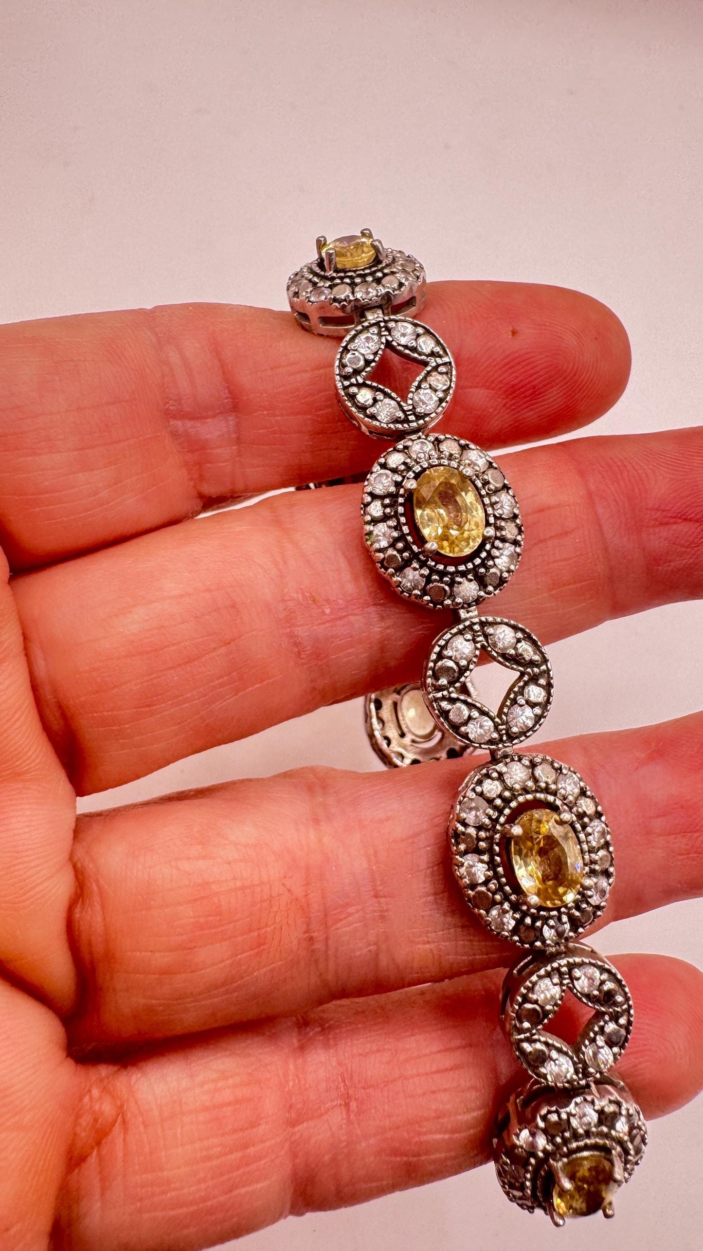 Vintage Gold Citrine Bracelet Deco 925 Sterling Silver Tennis