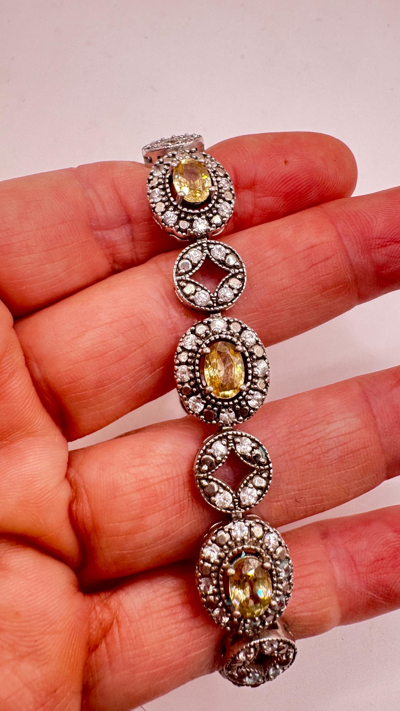 Vintage Gold Citrine Bracelet Deco 925 Sterling Silver Tennis