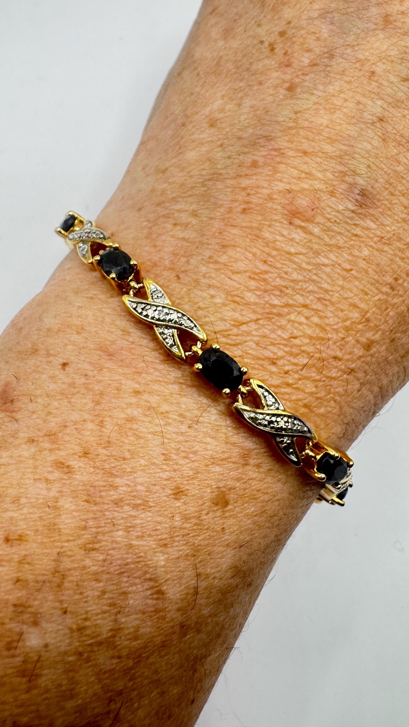 Vintage Blue Sapphire Bracelet Golden 925 Sterling Silver Tennis