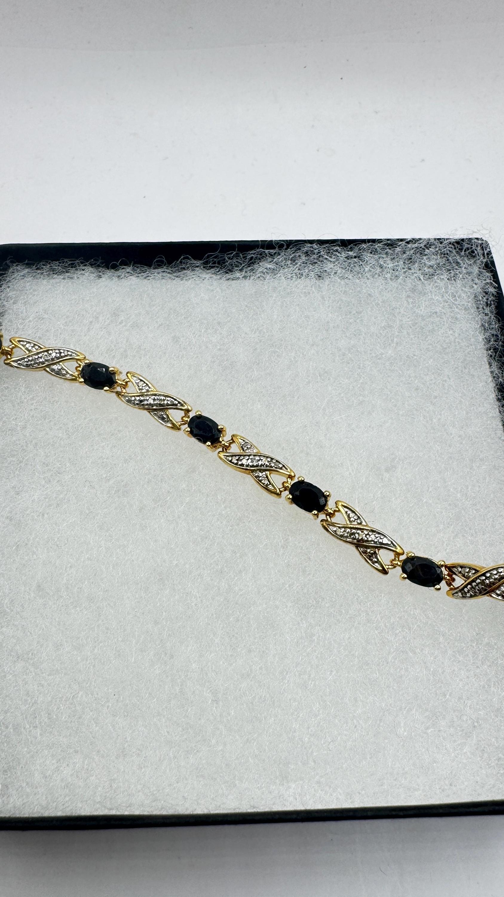 Vintage Blue Sapphire Bracelet Golden 925 Sterling Silver Tennis