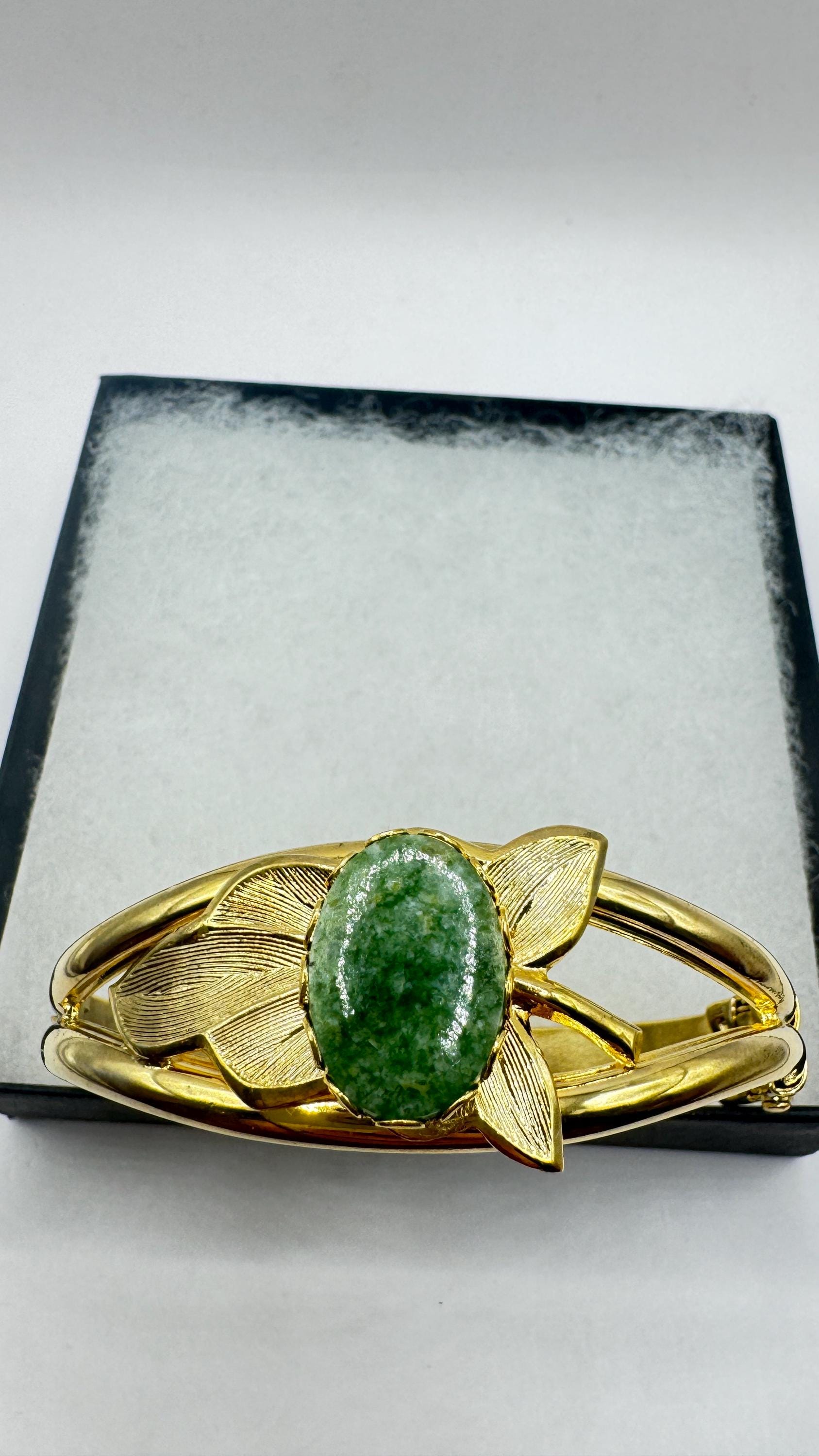 Vintage Green Jade Bangle Bracelet Gold filled Cuff