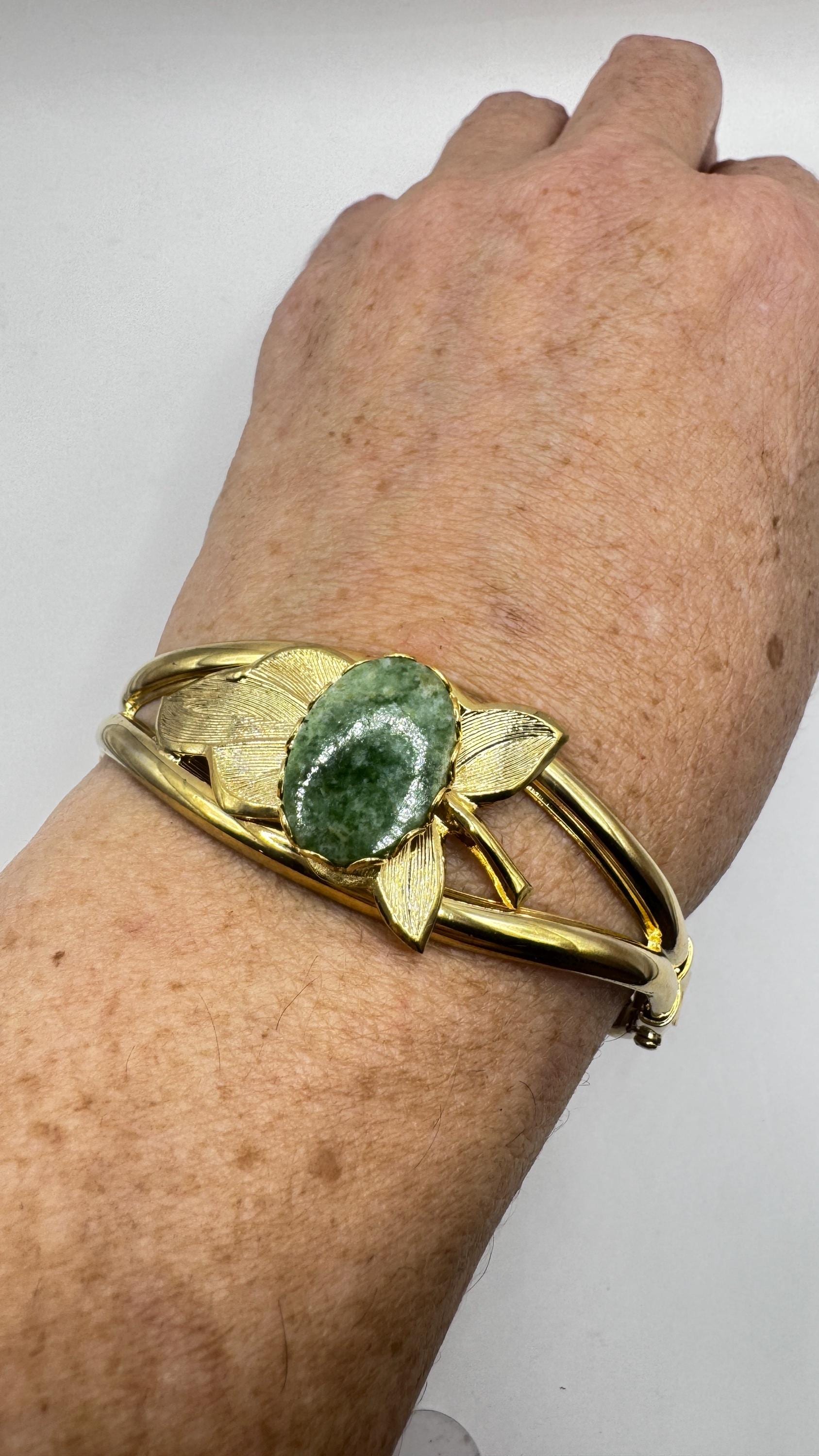 Vintage Green Jade Bangle Bracelet Gold filled Cuff