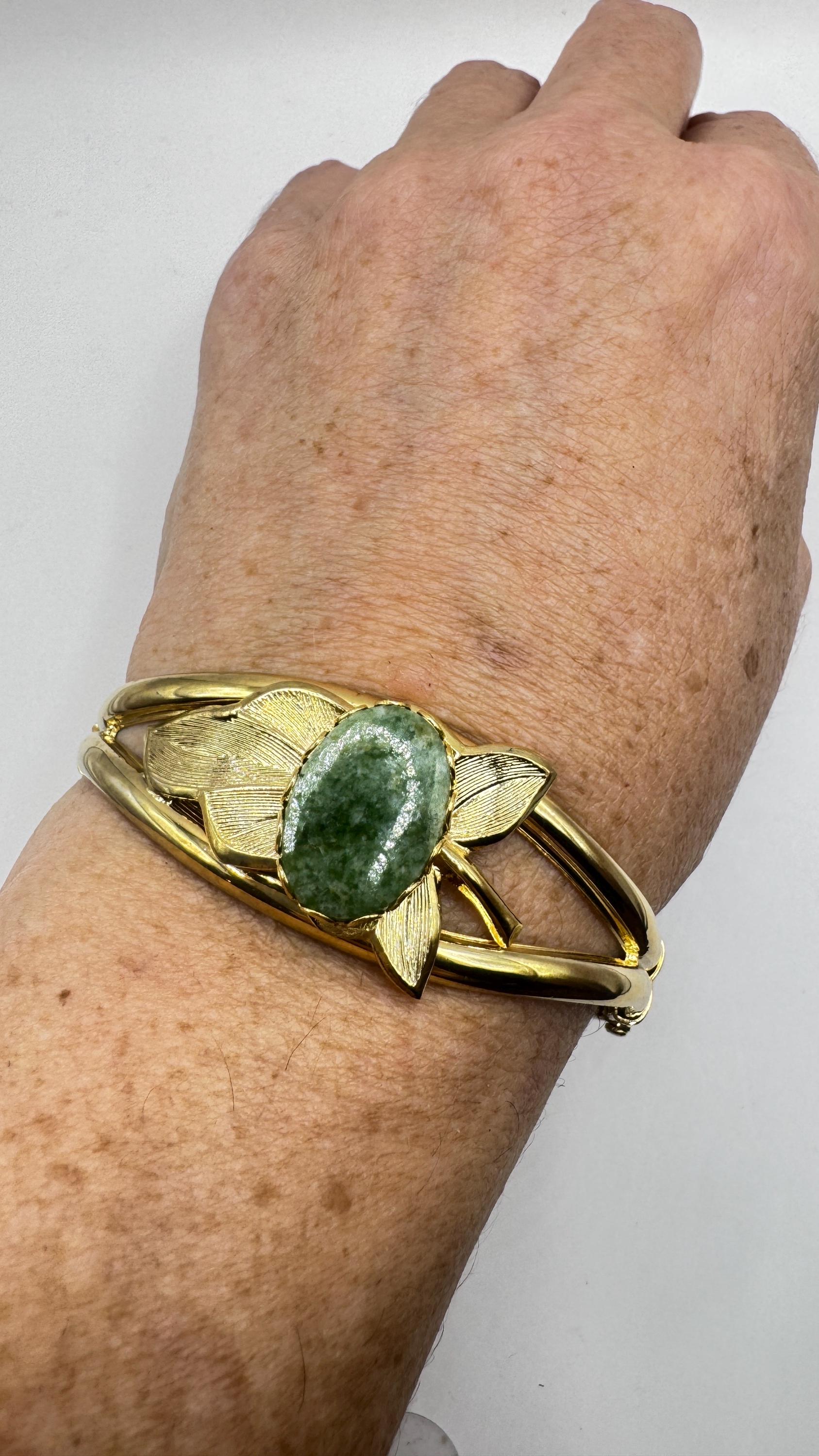 Vintage Green Jade Bangle Bracelet Gold filled Cuff