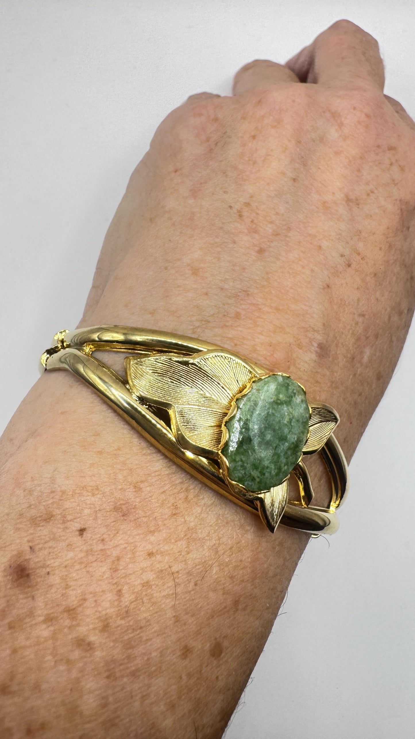 Vintage Green Jade Bangle Bracelet Gold filled Cuff