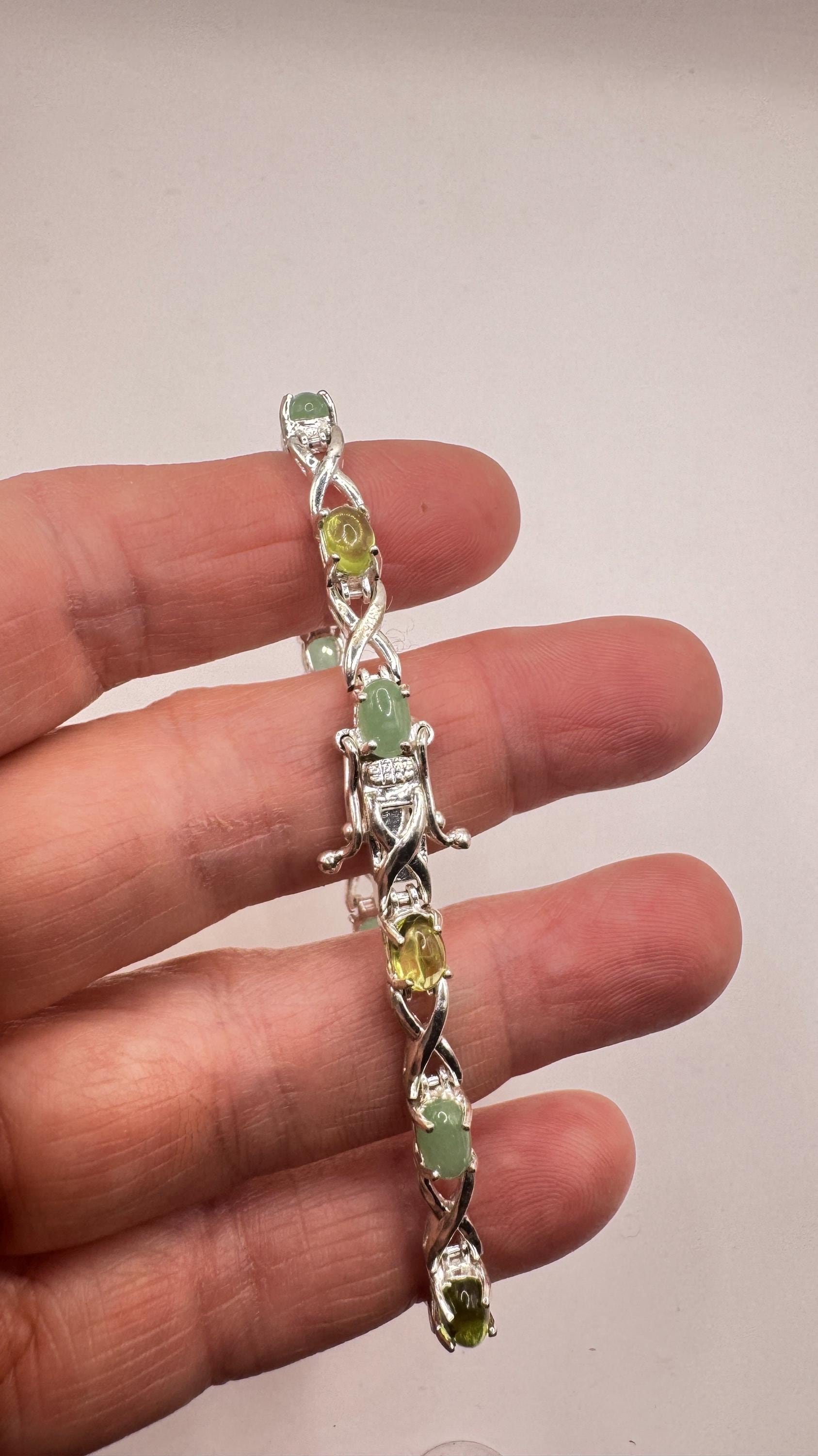 Vintage Green Peridot Nephrite Jade 925 Sterling Silver Bracelet