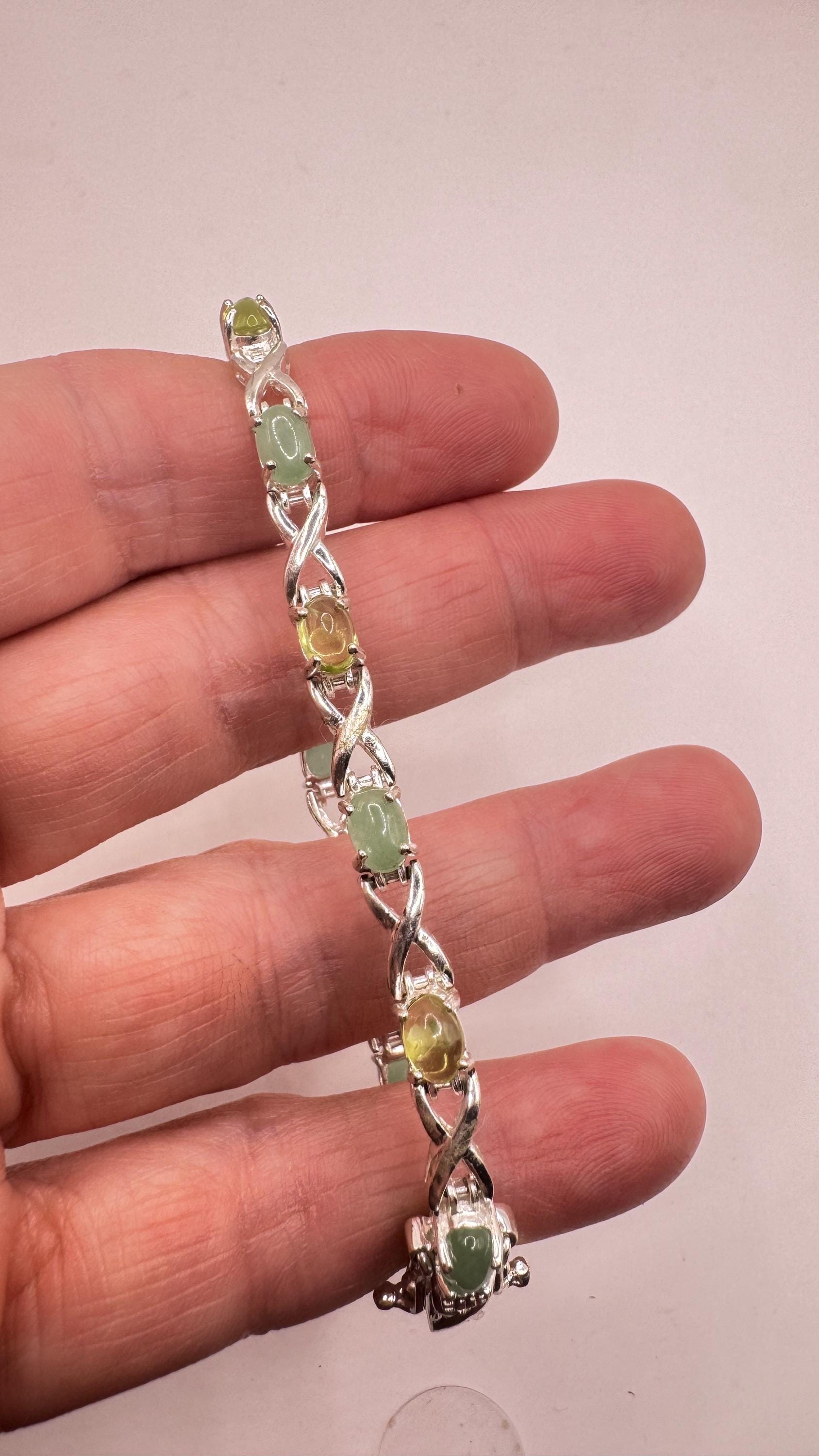Vintage Green Peridot Nephrite Jade 925 Sterling Silver Bracelet