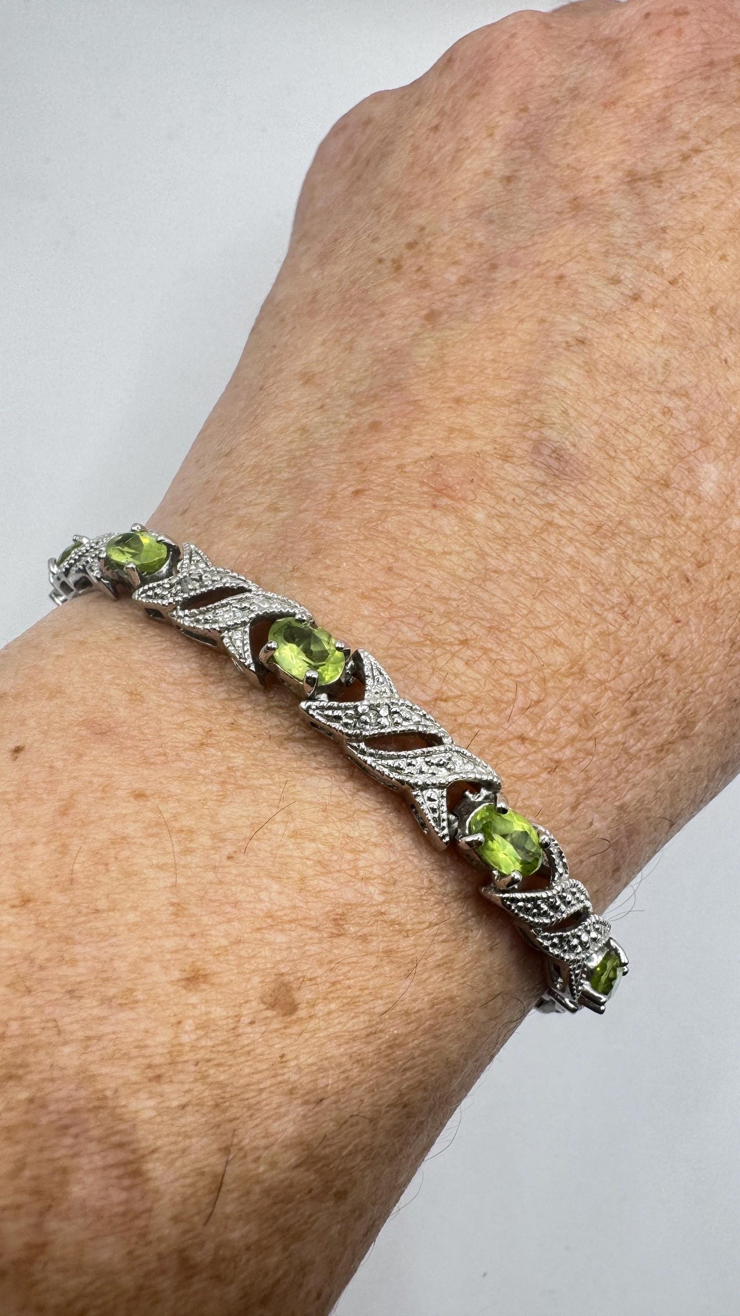 Vintage Green Peridot Diamond Chip Bracelet 925 Sterling Silver