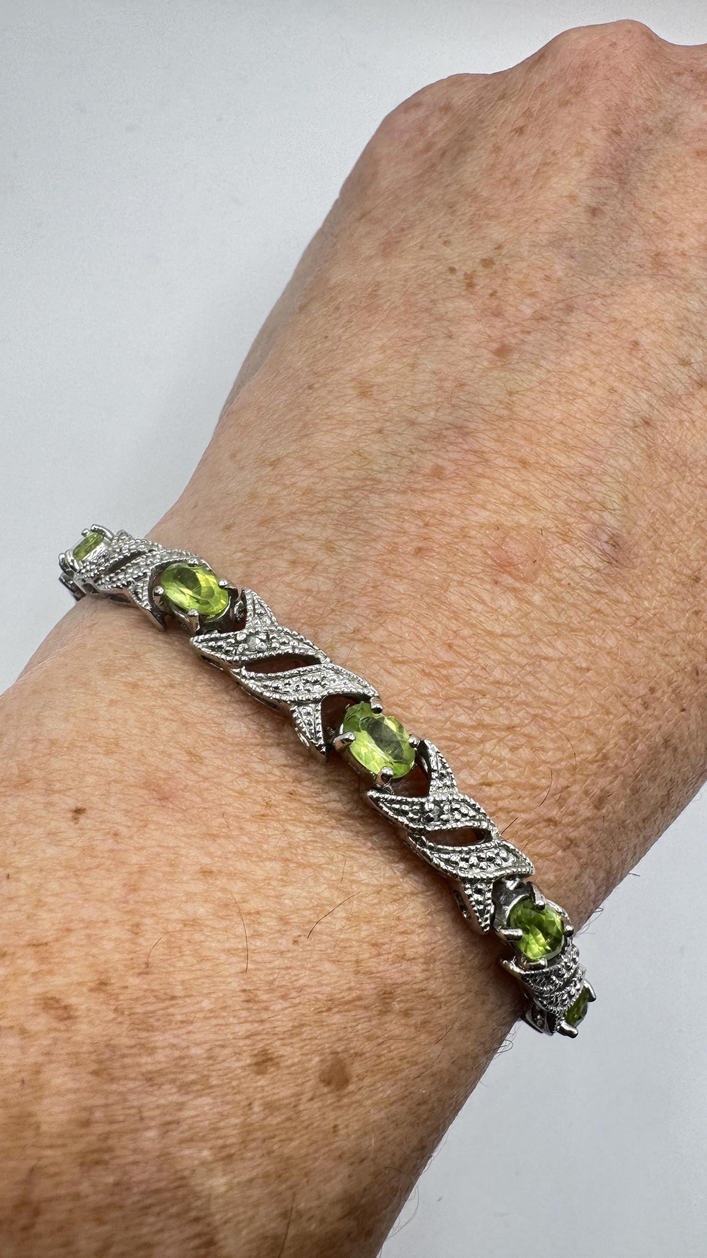 Vintage Green Peridot Diamond Chip Bracelet 925 Sterling Silver
