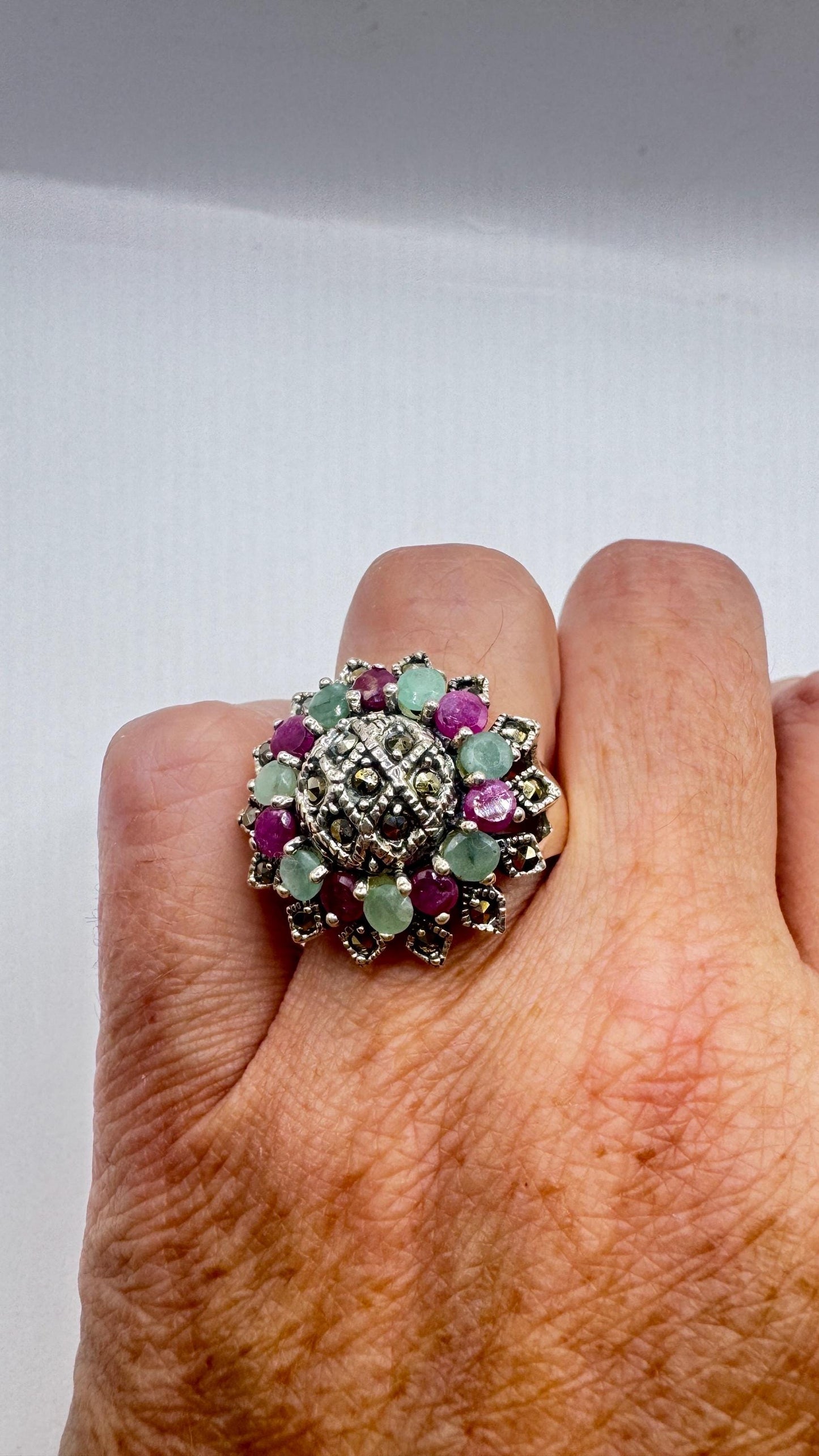 Vintage Emerald, Ruby, Marcasite 925 Sterling Silver Cocktail Ring