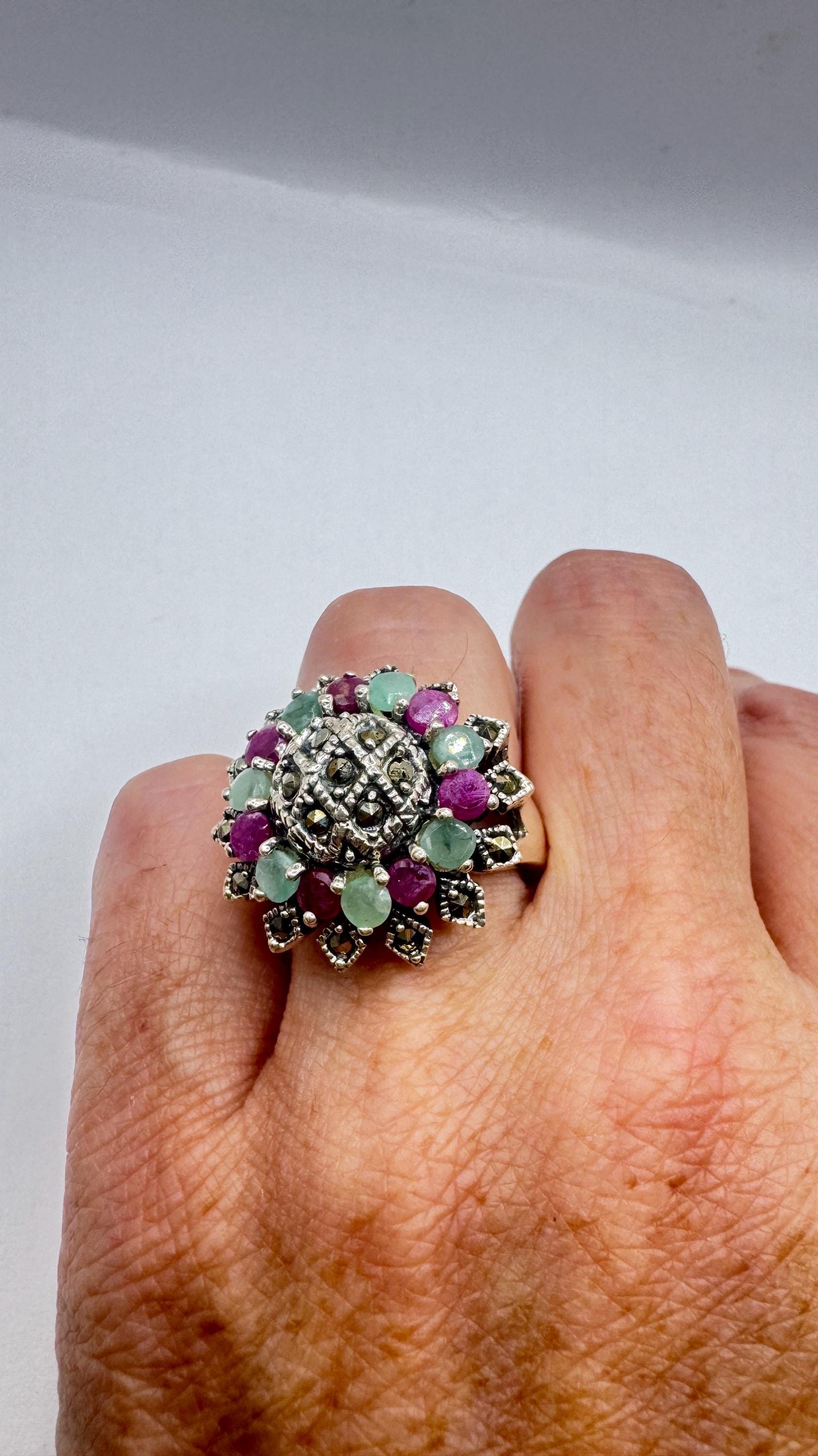 Vintage Emerald, Ruby, Marcasite 925 Sterling Silver Cocktail Ring