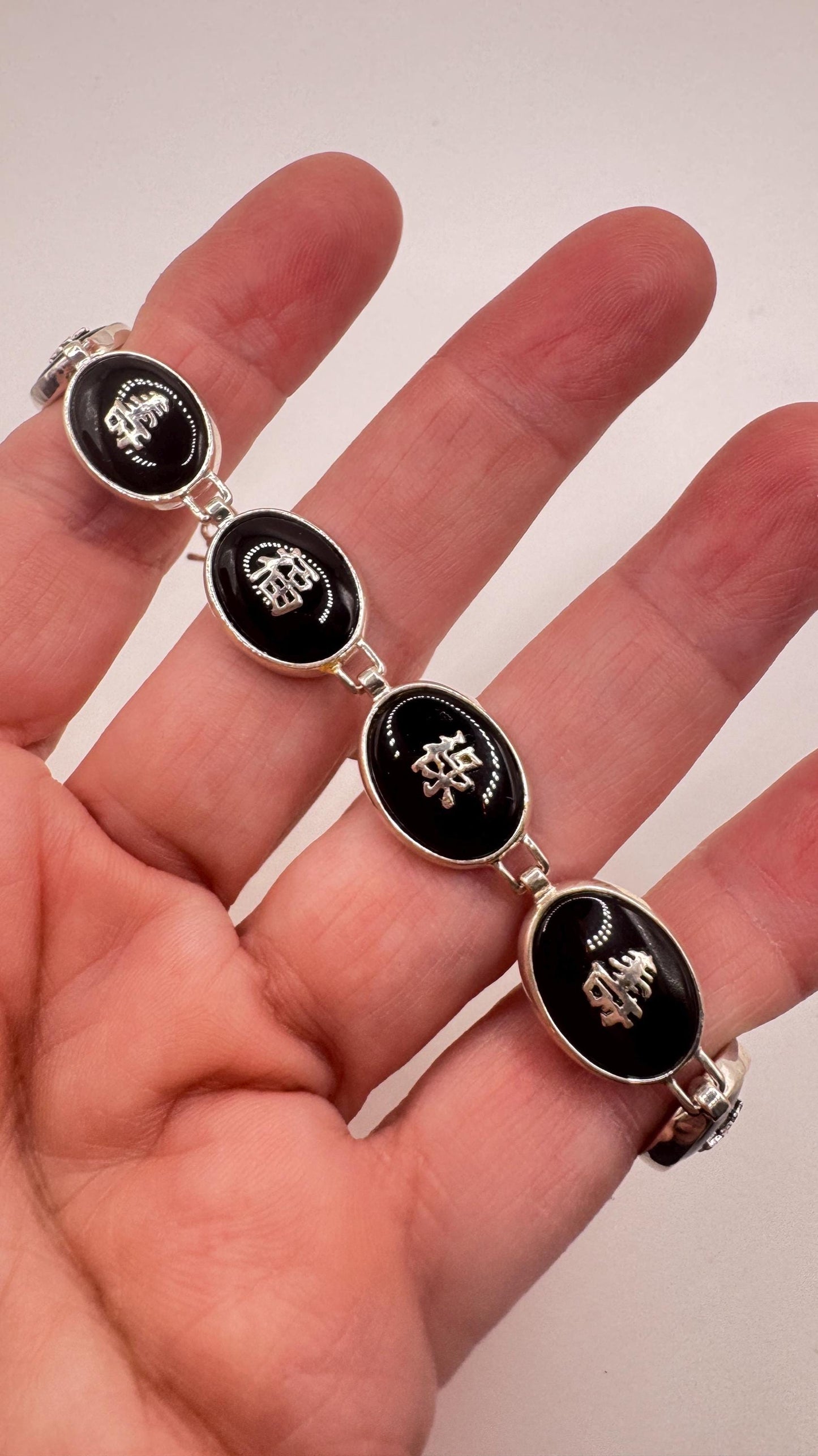 Vintage Hand Made 925% Sterling Silver Crystal Filligree Black Jet Onyx Cinese Lucky Bracelet