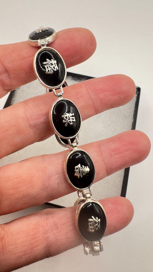 Vintage Hand Made 925% Sterling Silver Crystal Filligree Black Jet Onyx Cinese Lucky Bracelet