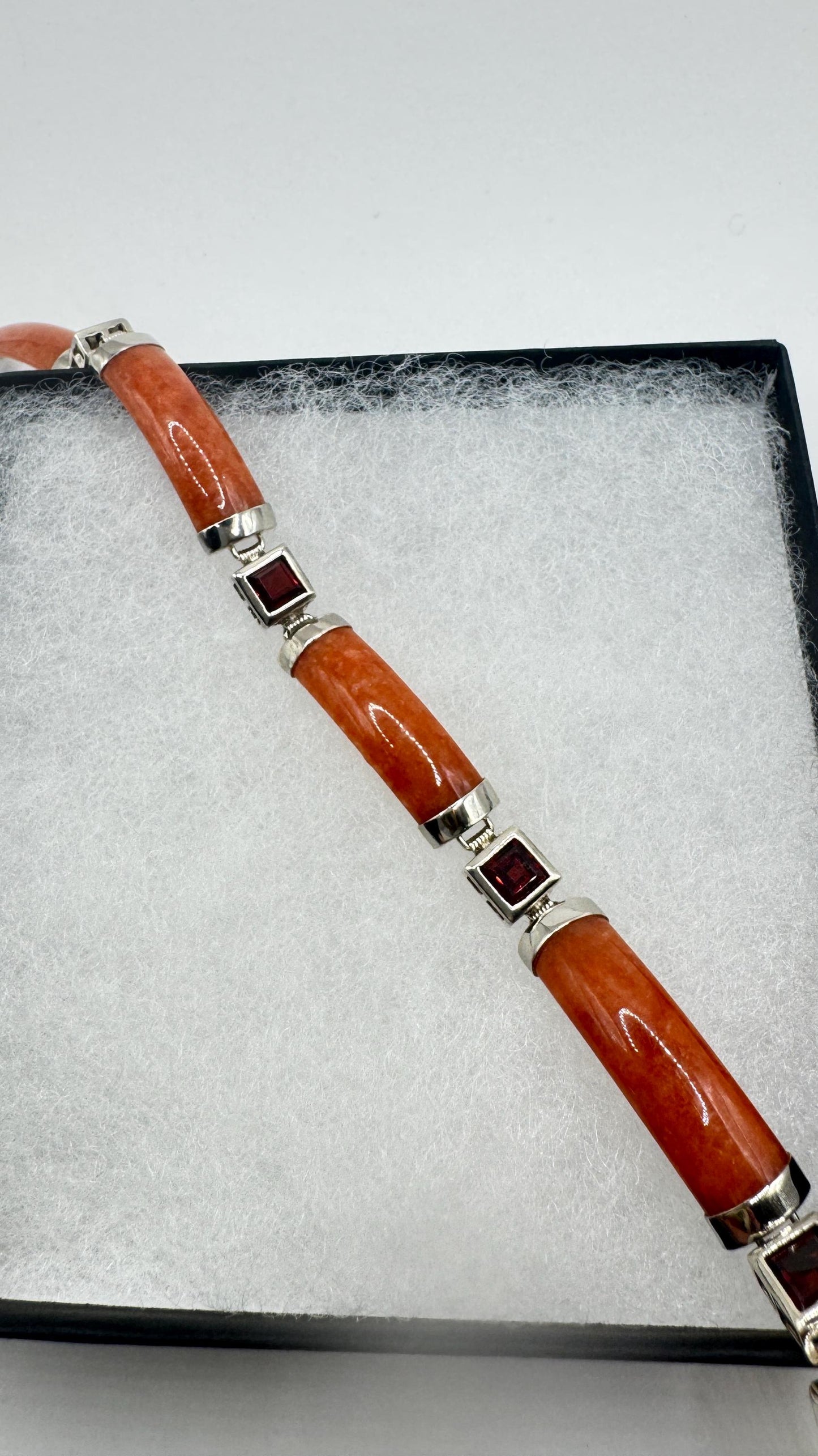 Vintage Orange Jade Red Garnet Tennis Bracelet in 925 Sterling Silver