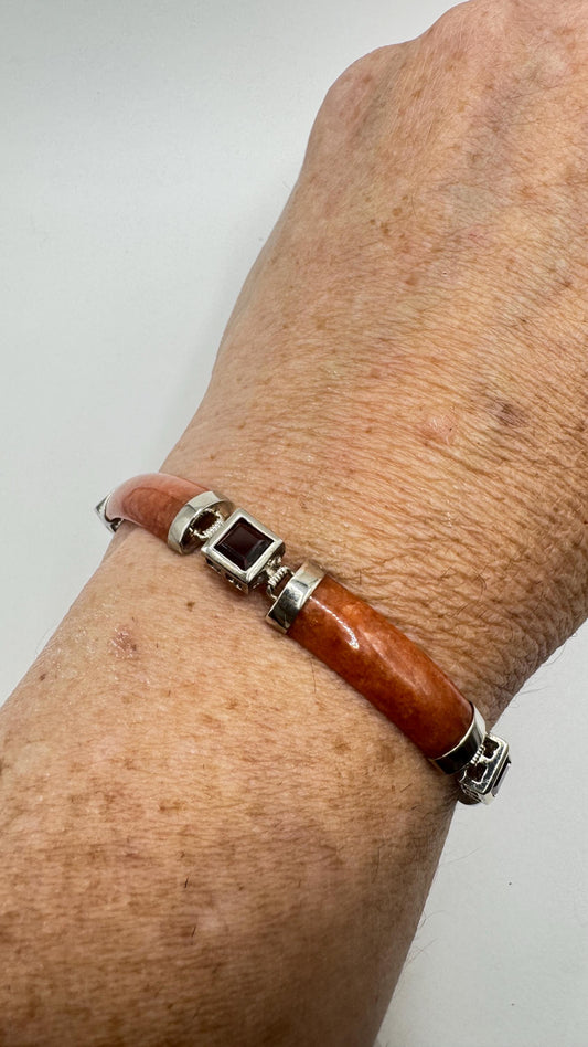 Vintage Orange Jade Red Garnet Tennis Bracelet in 925 Sterling Silver