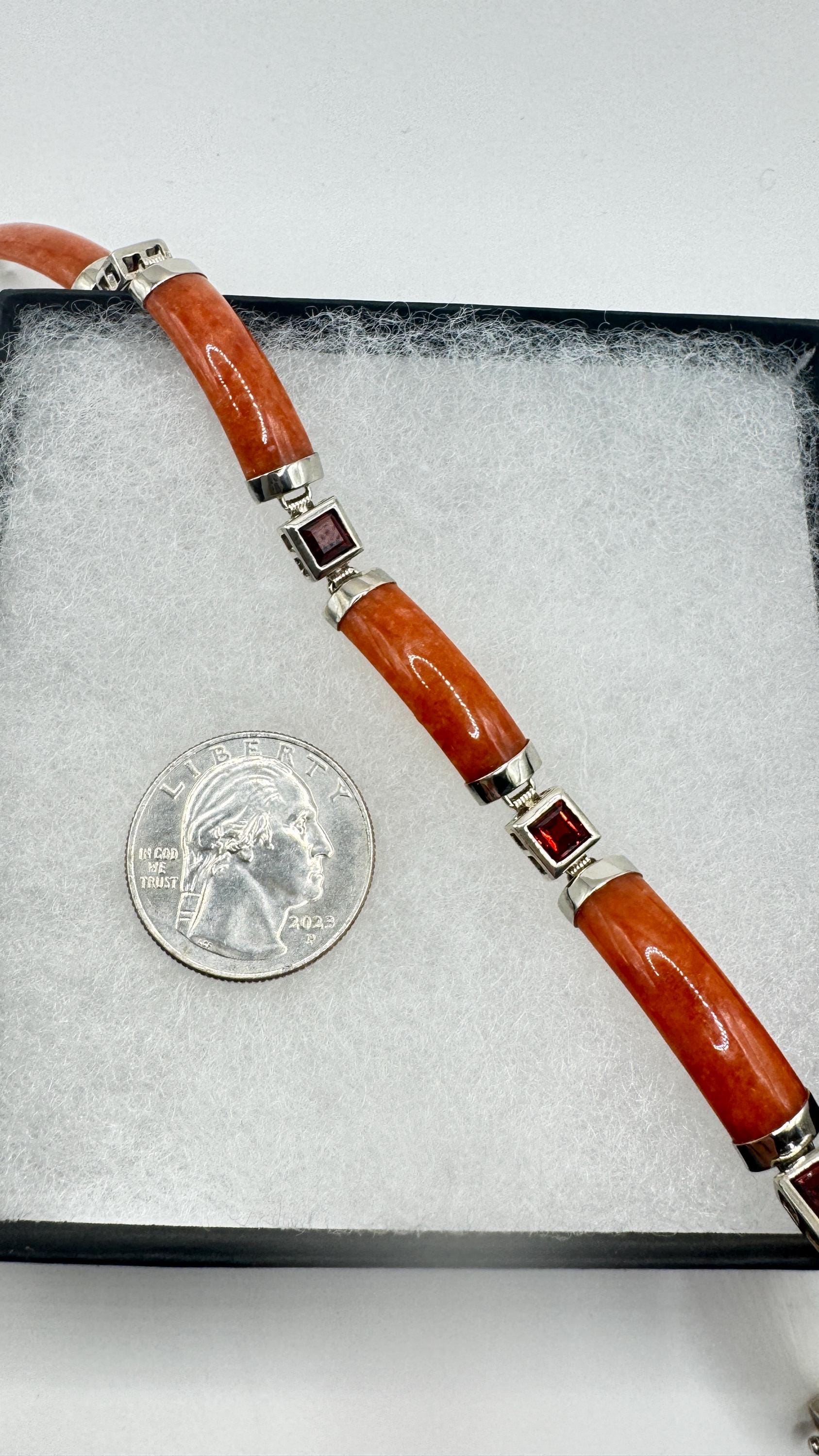 Vintage Orange Jade Red Garnet Tennis Bracelet in 925 Sterling Silver