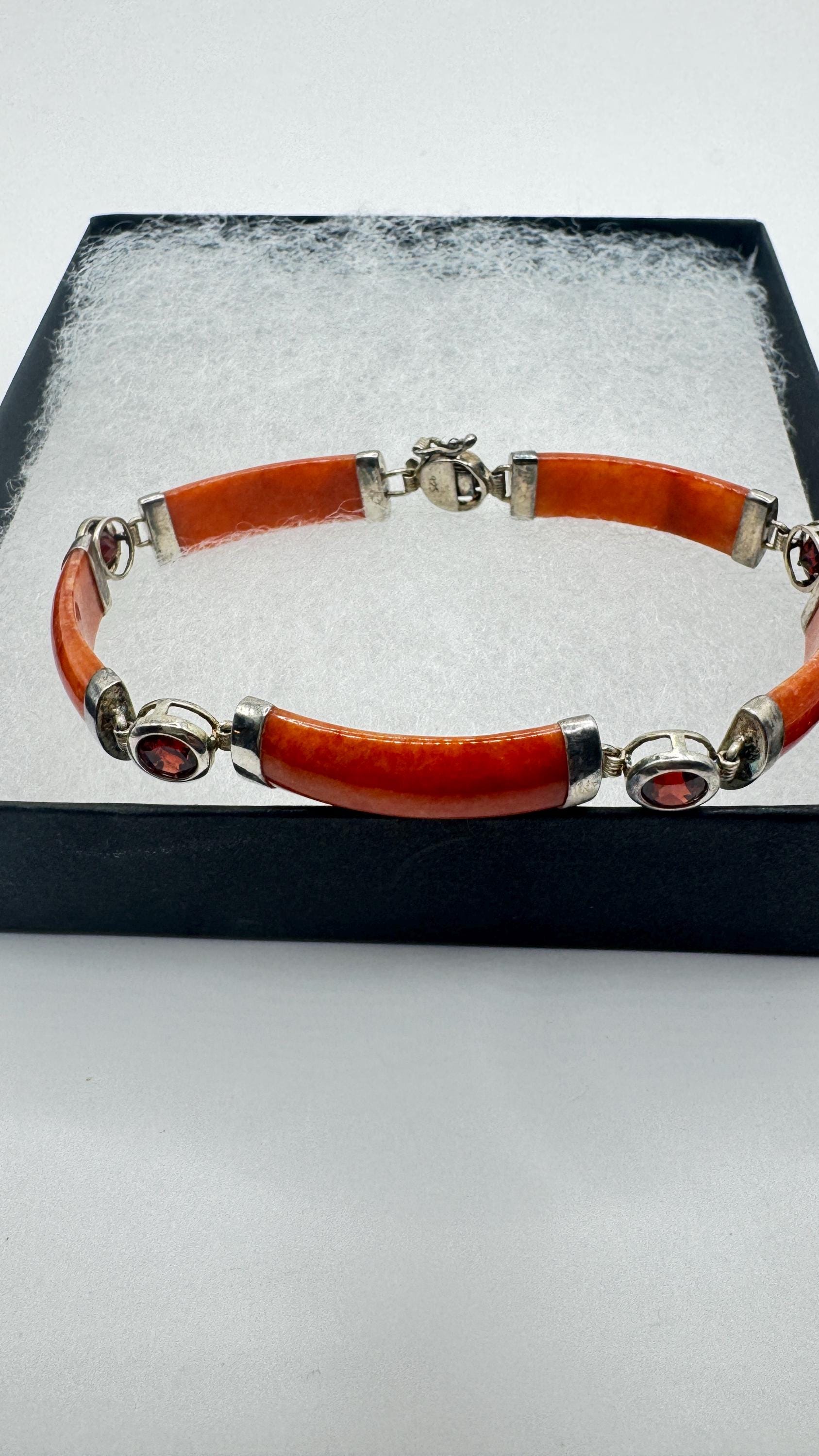 Vintage Orange Jade Red Garnet Tennis Bracelet in 925 Sterling Silver