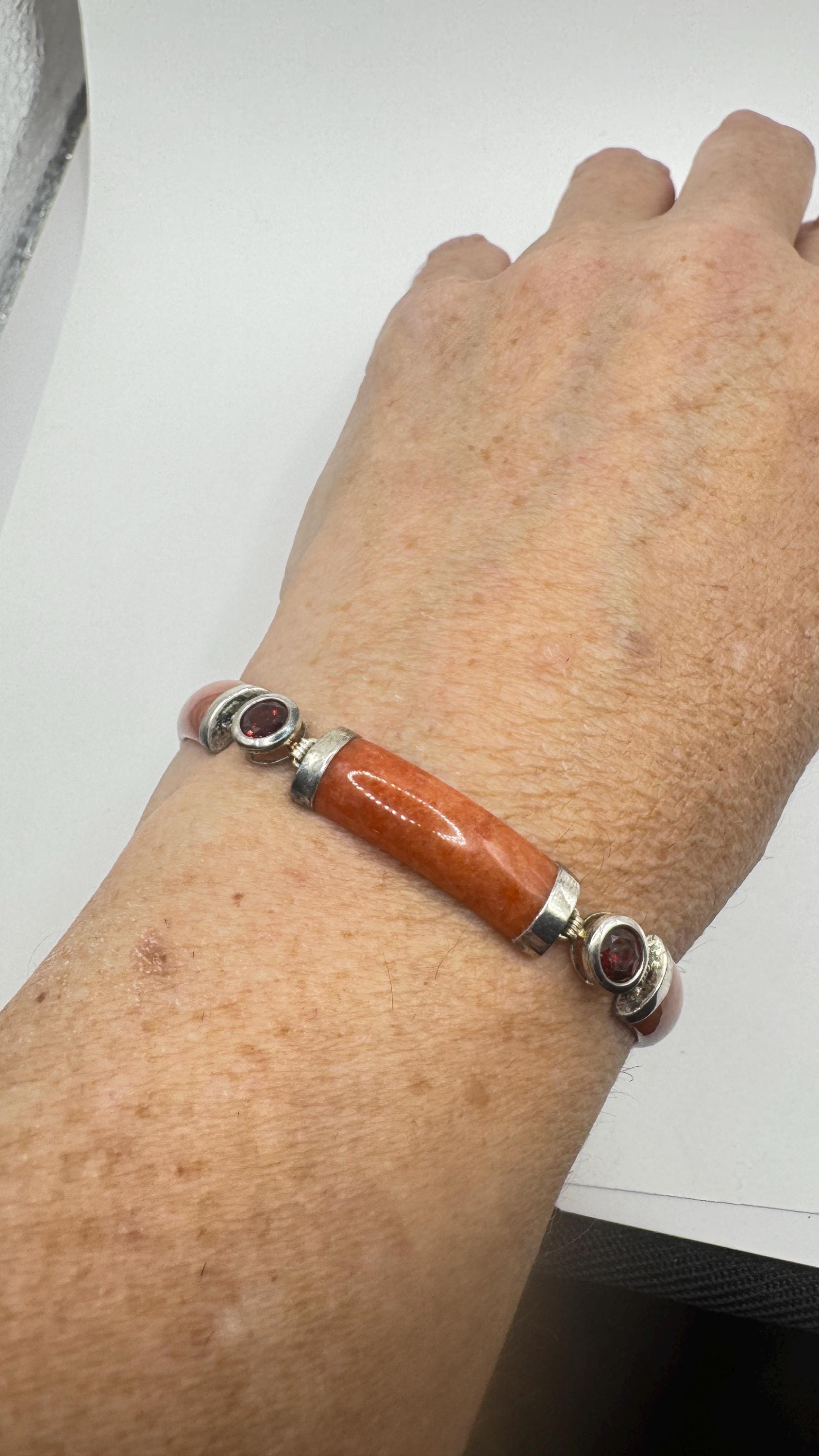 Vintage Orange Jade Red Garnet Tennis Bracelet in 925 Sterling Silver