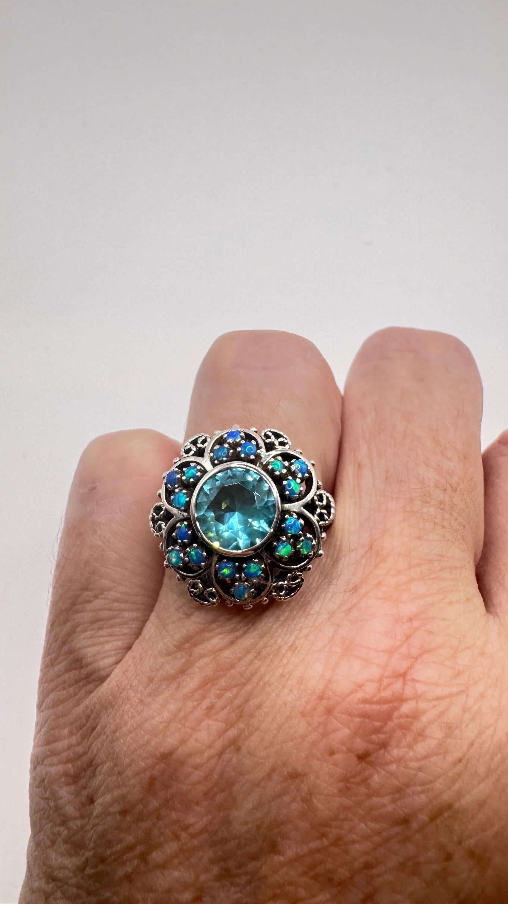 Vintage Fire Opal Blue Topaz 925 Sterling Silver Ring