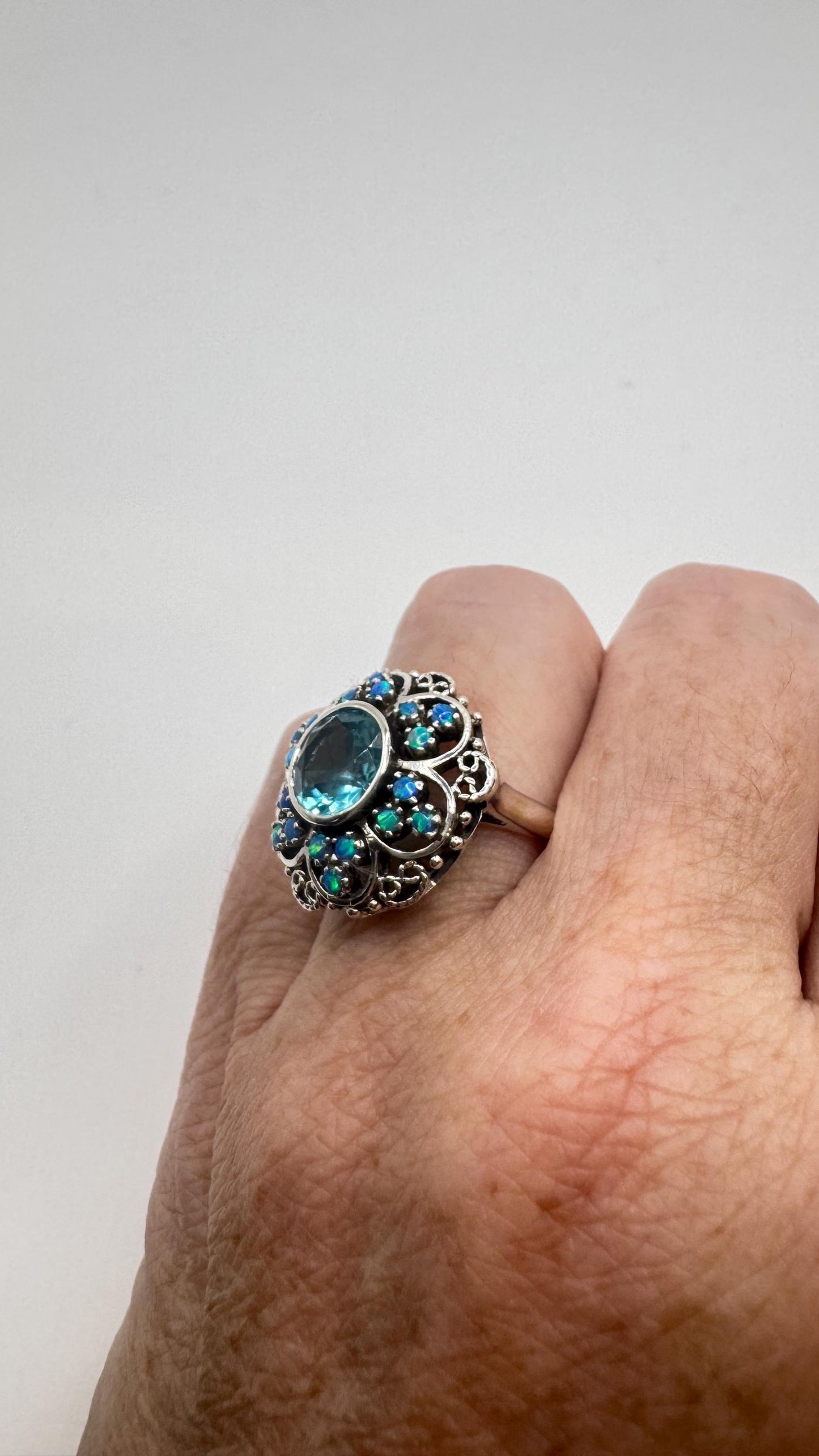 Vintage Fire Opal Blue Topaz 925 Sterling Silver Ring