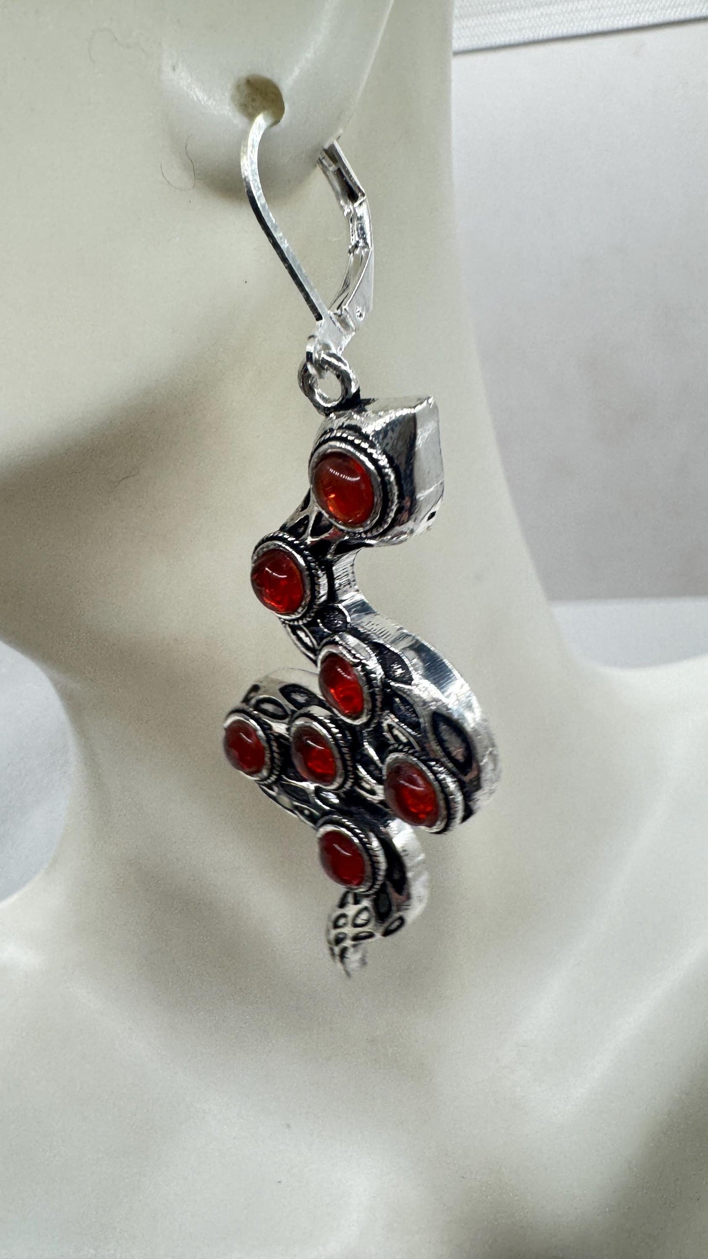 Vintage Genuine Red Carnelian Sterling Silver Snake Serpent Dangle Chandelier Earrings
