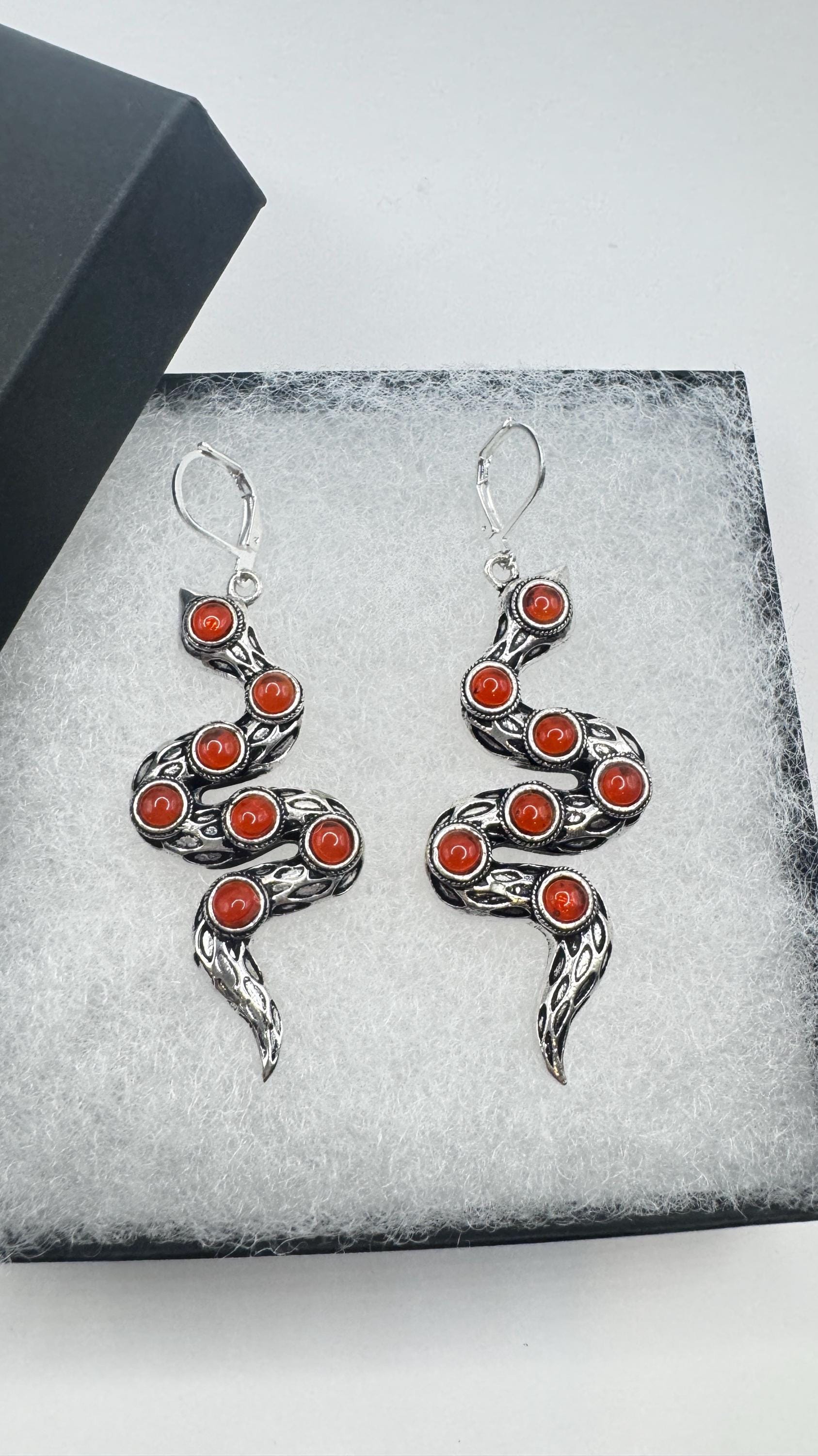 Vintage Genuine Red Carnelian Sterling Silver Snake Serpent Dangle Chandelier Earrings