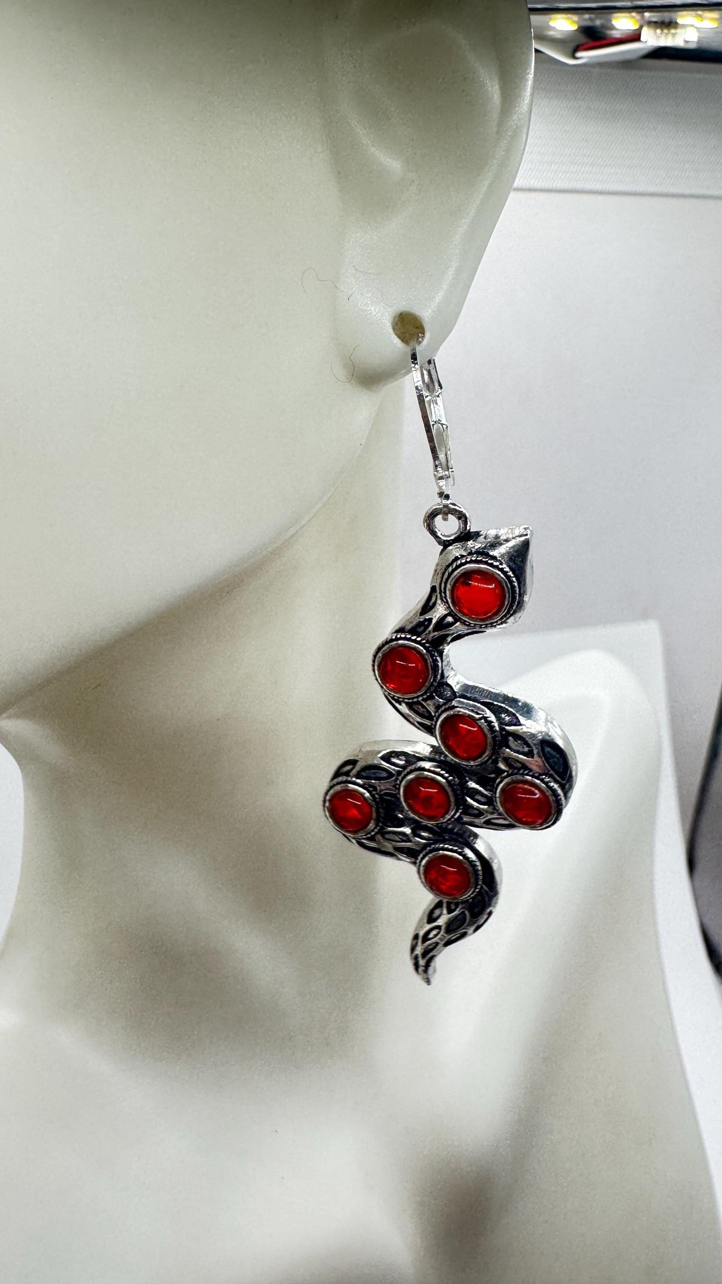 Vintage Genuine Red Carnelian Sterling Silver Snake Serpent Dangle Chandelier Earrings
