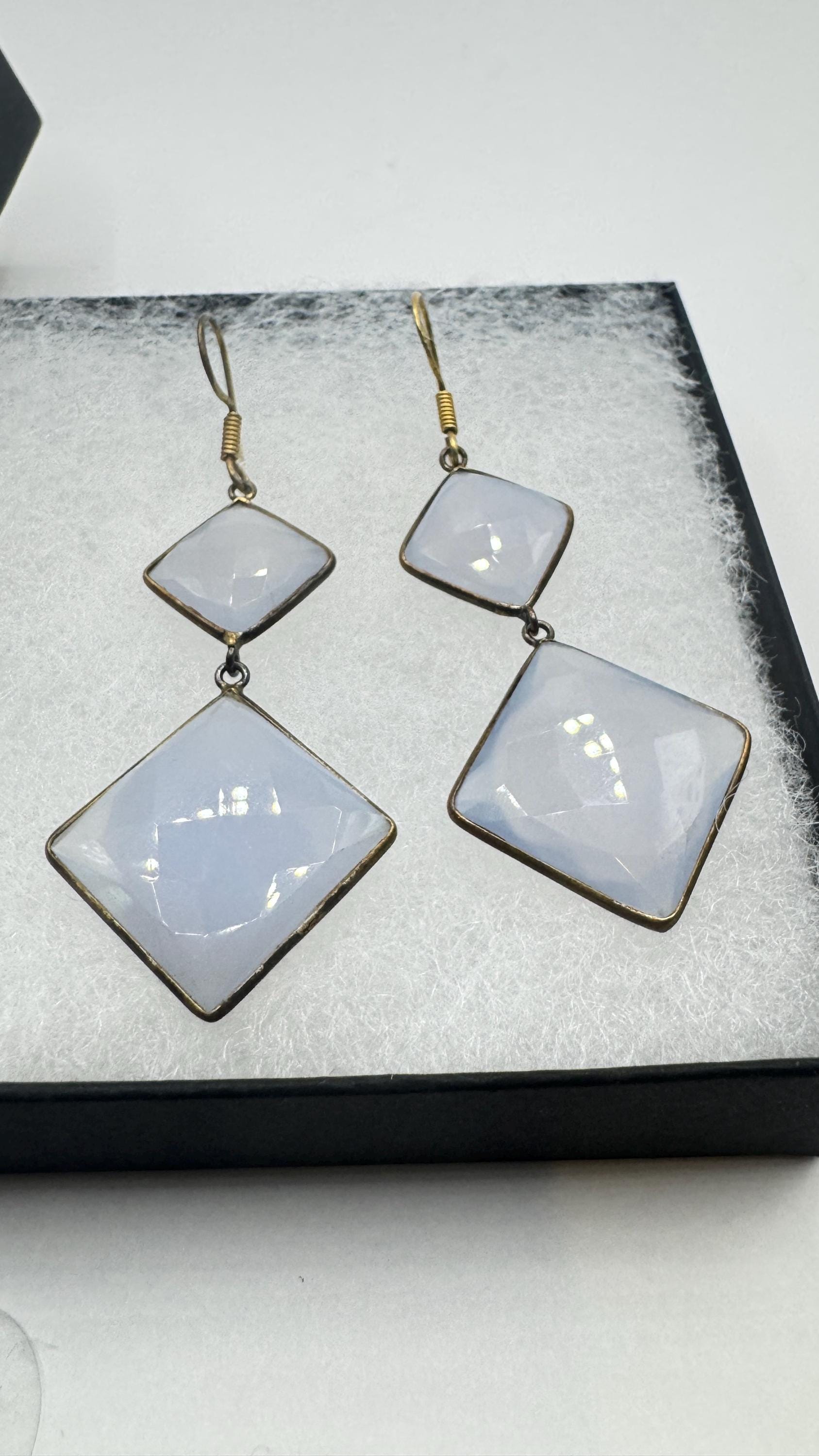 Vintage Blue Chalcedony earrings Gold Sterling Silver Chandelier