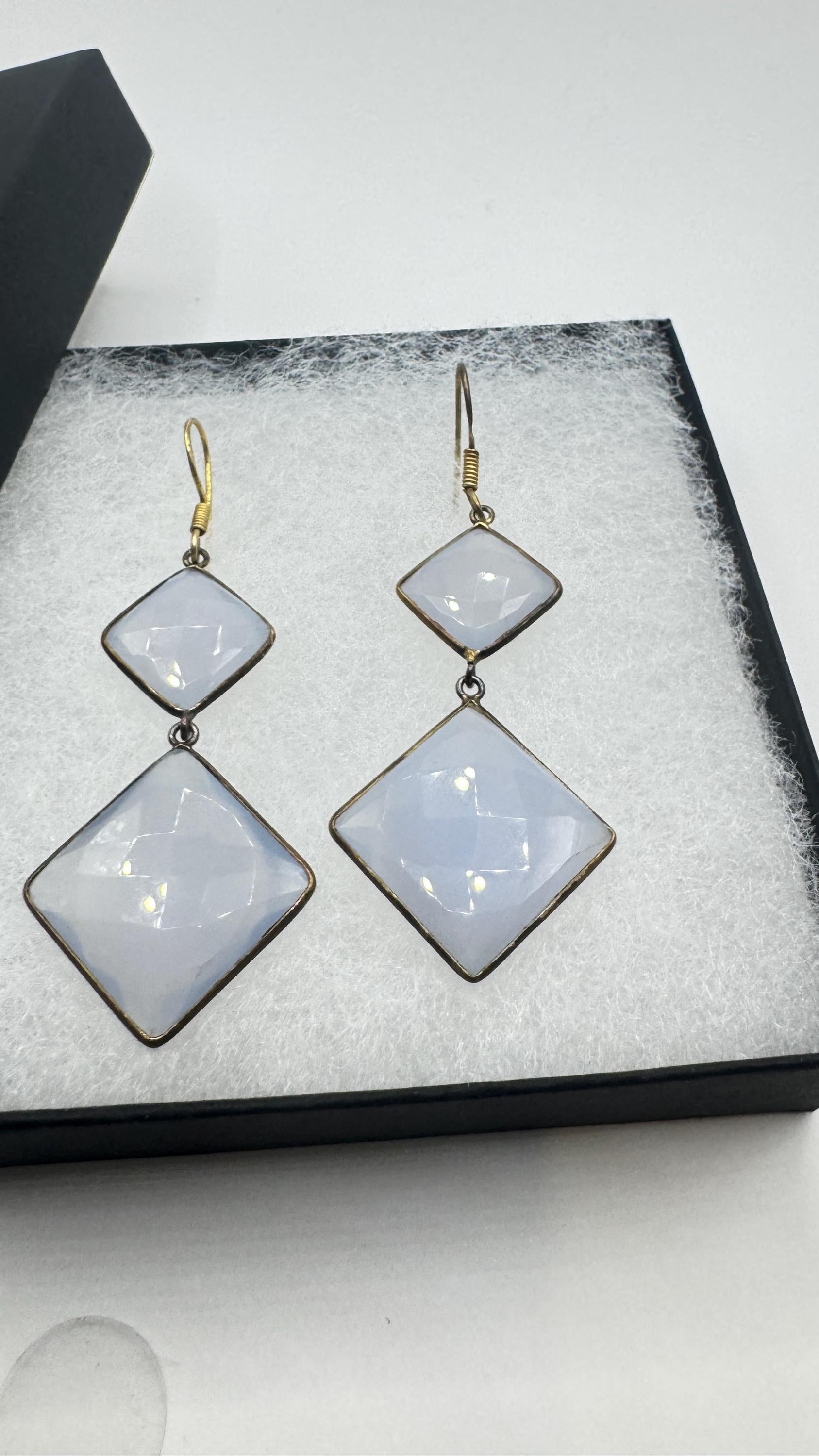 Vintage Blue Chalcedony earrings Gold Sterling Silver Chandelier