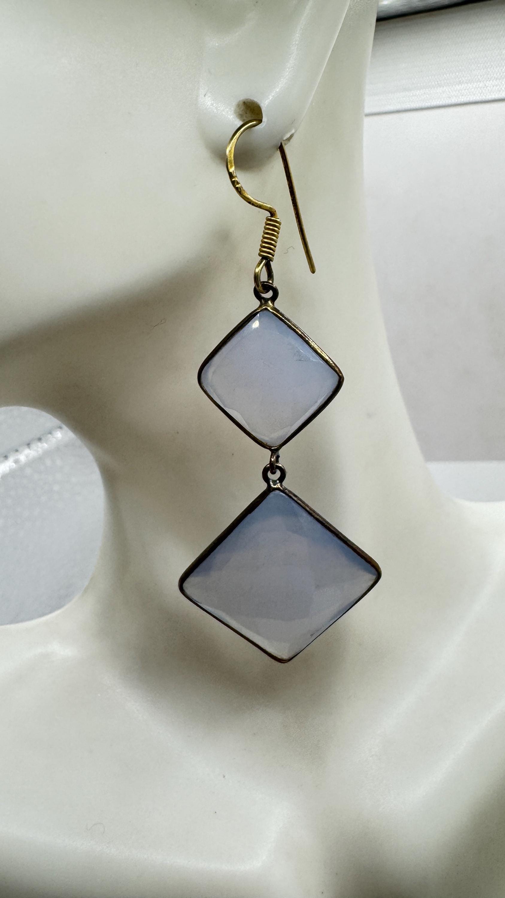 Vintage Blue Chalcedony earrings Gold Sterling Silver Chandelier