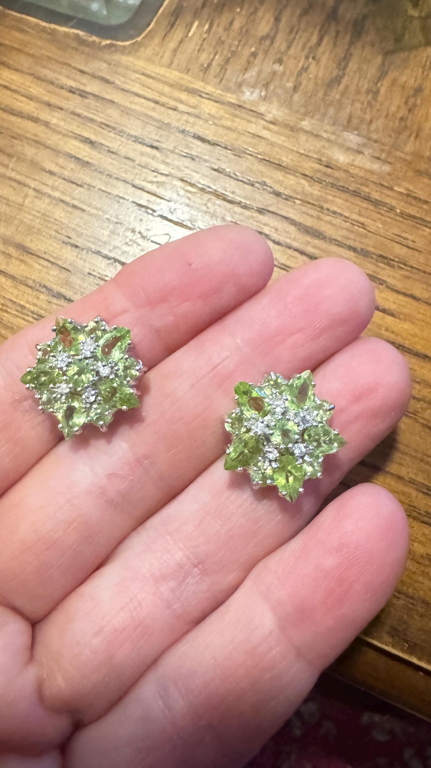 Vintage Handmade Sterling Silver Genuine Green Peridot and White Sapphire Earrings